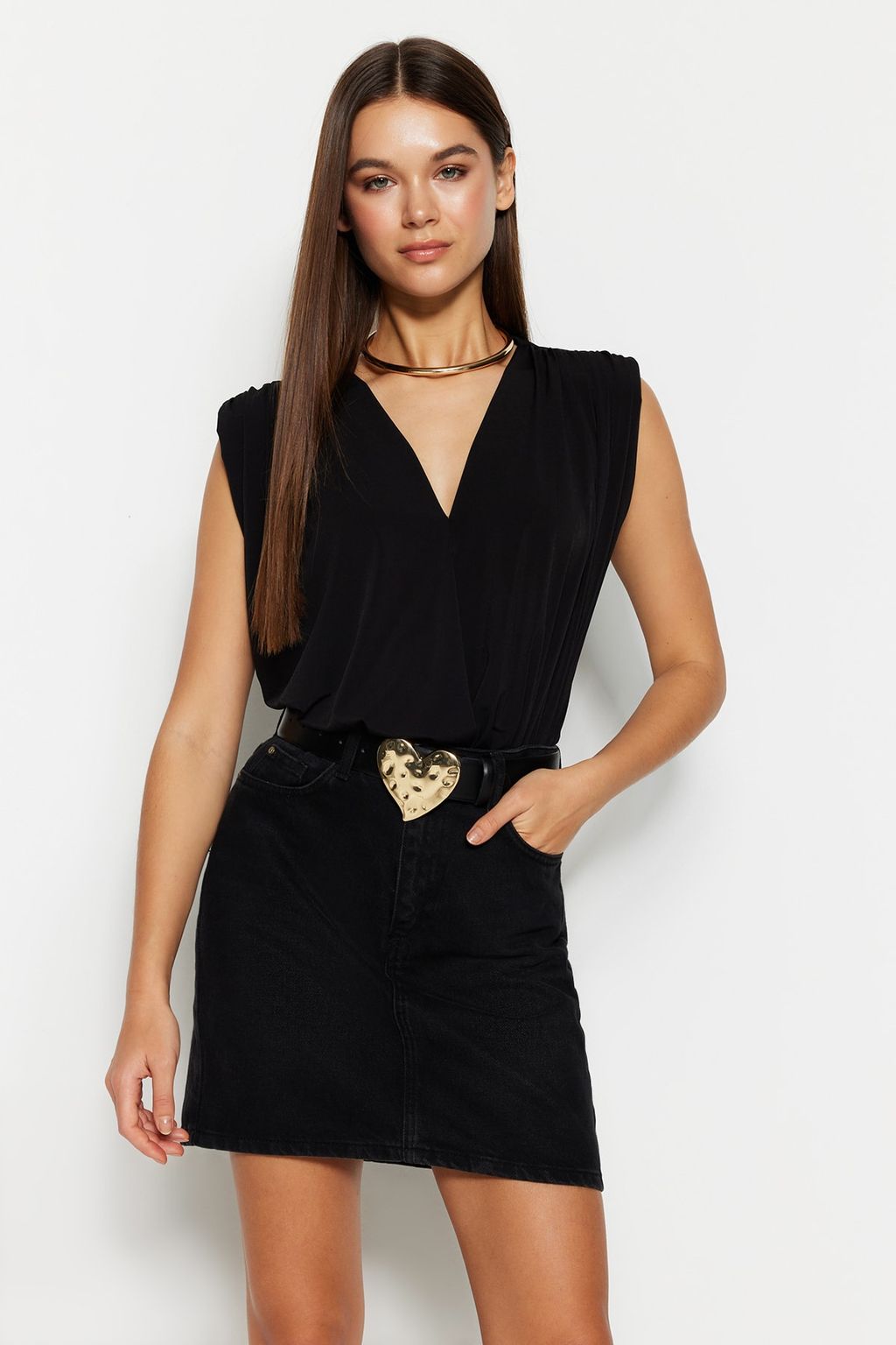 Siyah Vatkal? Kruvaze Yaka Esnek C?tc?tl? Orme Body TWOSS23BD00007