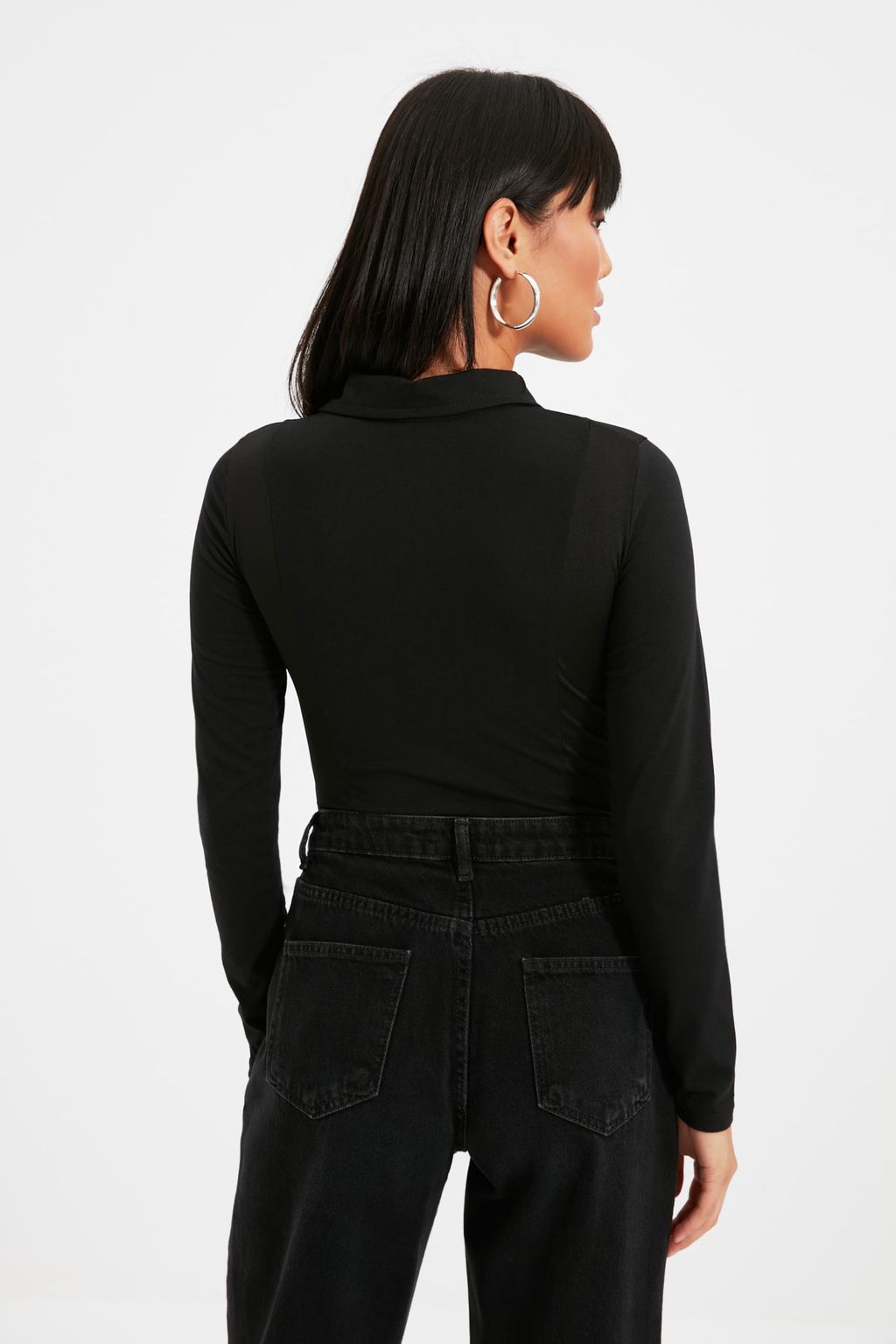 TRENDYOLMILLA Siyah Fermuarl? Polo Yaka Fitted/Vucuda Oturan Esnek C?tc?tl? Orme Body TWOAW21BD0066  фото 5