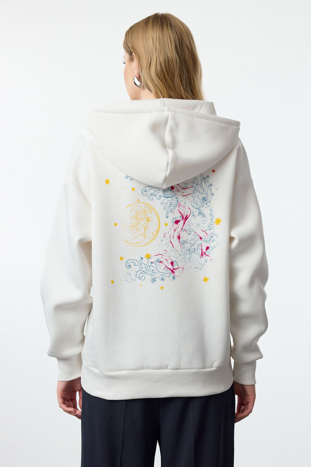 Ekru Kal?n Ici Polarl? Kapusonlu Bask?l? Oversize/Genis Kal?p Orme Sweatshirt TWOAW24SW00136