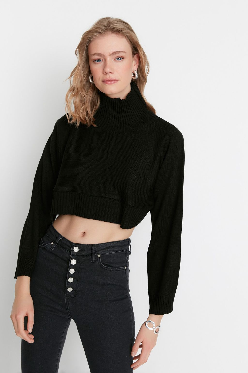 Siyah Super Crop Basic Triko Kazak TWOAW21KZ0163