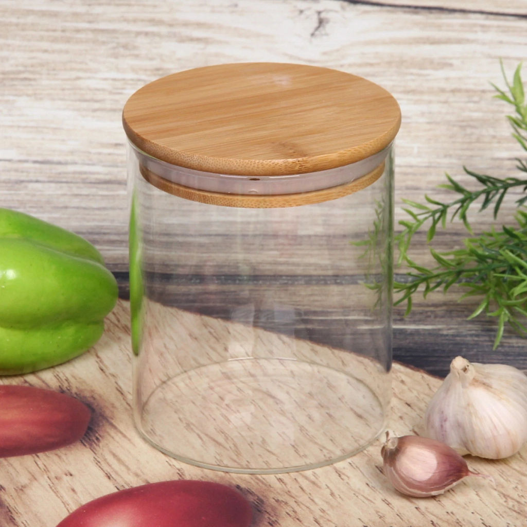 Цена за 2 шт. Банка для продуктов стеклянная 700мл "Хай-Тек" с бамбуковой крышкой 10*12см