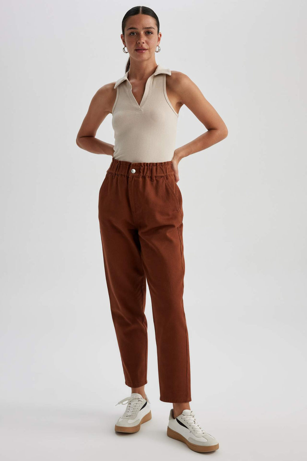 Paperbag Gabardin Pantolon Yuksek Bel Cepli Basic Duz Standart Paca - Defacto фото 9