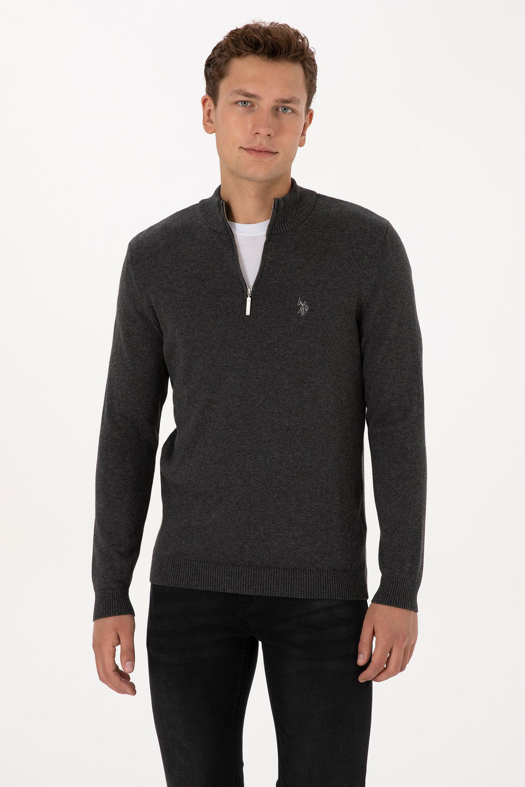 Erkek Slim Fit Yar_m Fermuarl_ Antrasit Melanj Basic Kazak - U.s. polo assn фото 3
