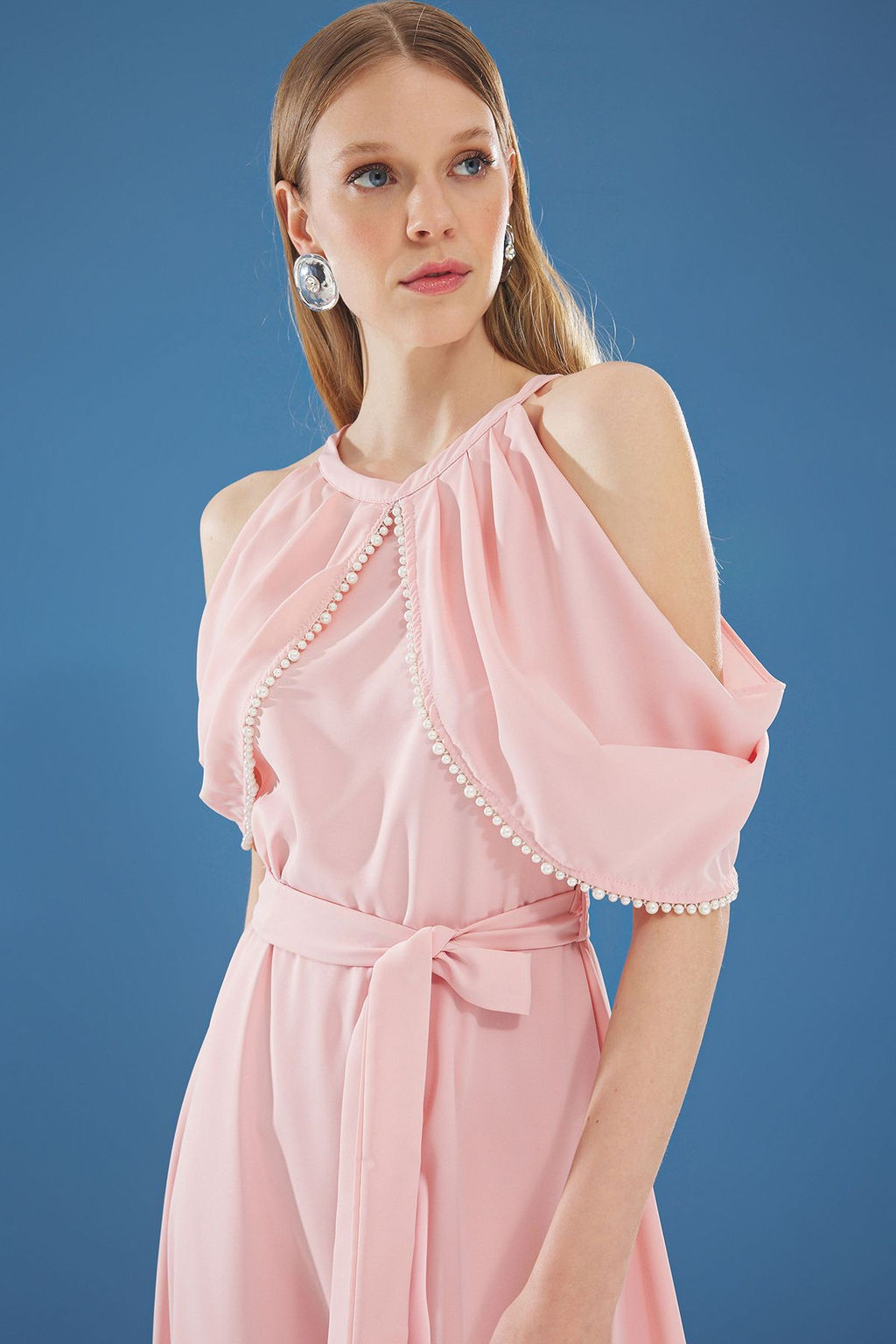 Trendyolmilla Pudra A-Kesim Incili Dokuma Midi S?k Abiye Gece Mezuiyet Elbisesi TPRSS25EL00229  фото 3
