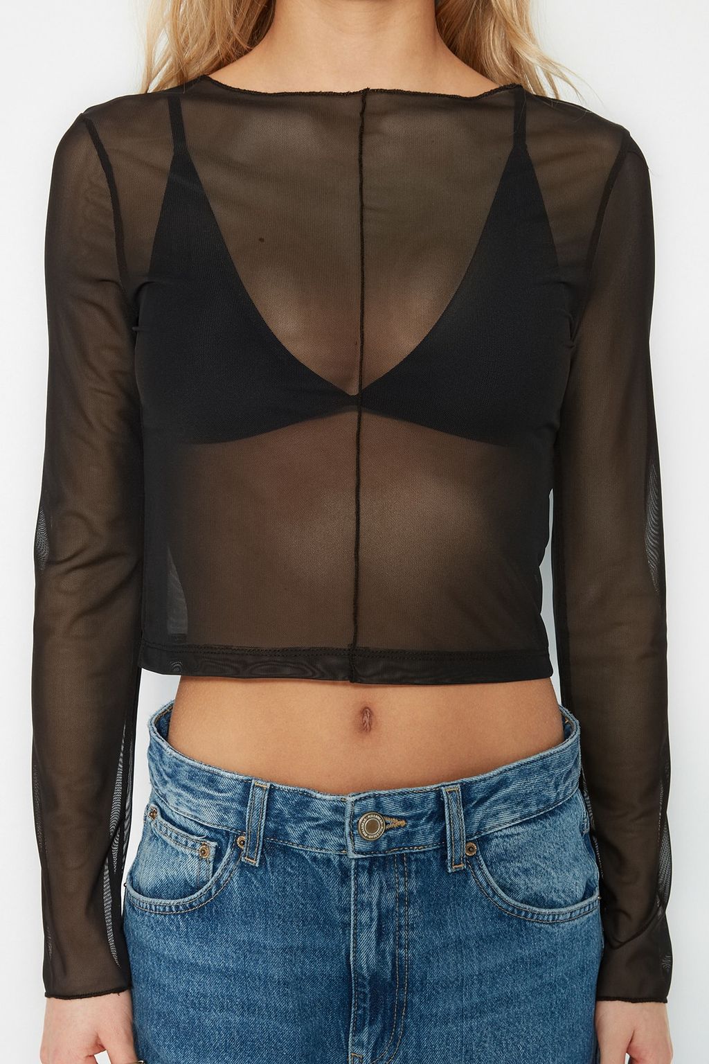 Siyah Dikis Detayl? Fitted/Vucuda Oturan Bisiklet Yaka Crop Tul Esnek Orme Bluz TWOSS23BZ00082 - Trendyolmilla фото 4