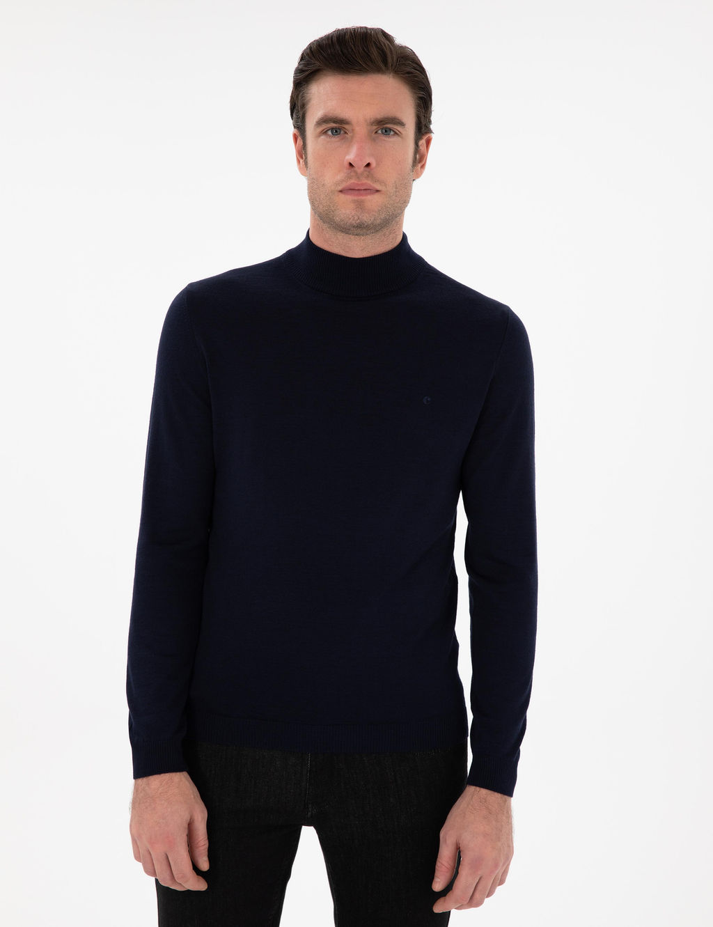 Lacivert Slim Fit Y_n Kar___ml_ Yar_m Bal_k__ Yaka Basic Triko Kazak