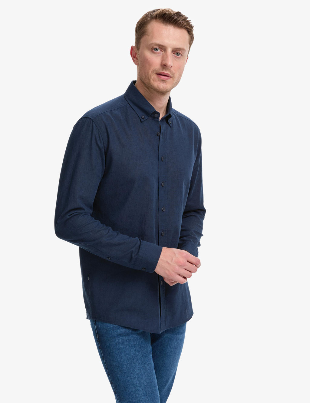 Lacivert Keten Kar___ml_ Regular Fit Uzun Kollu G_mlek
