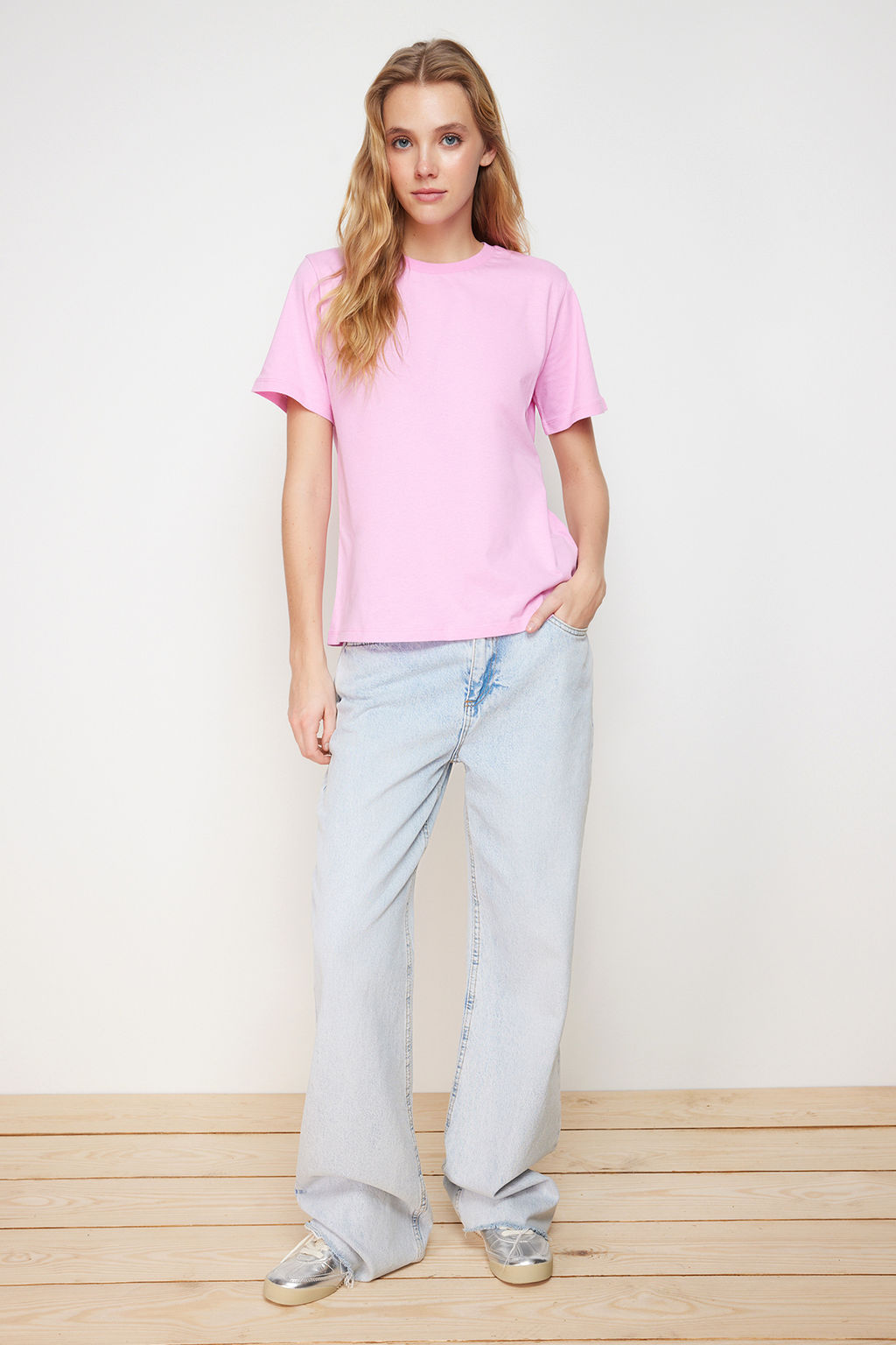 Pembe %100 Pamuk Basic Bisiklet Yaka Orme T-Shirt TWOSS23TS00000