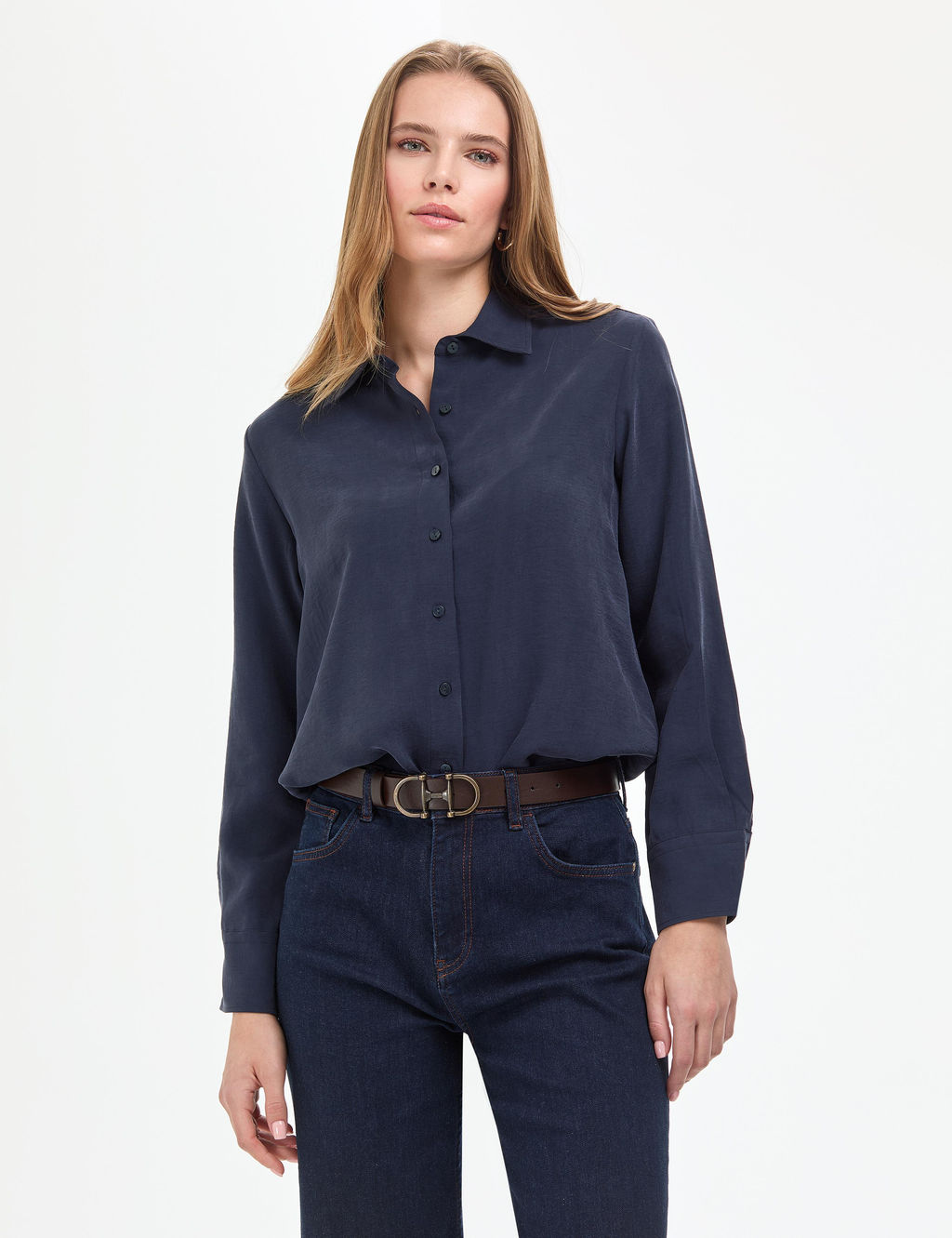 A__k Lacivert Comfort Fit Uzun Kollu G_mlek