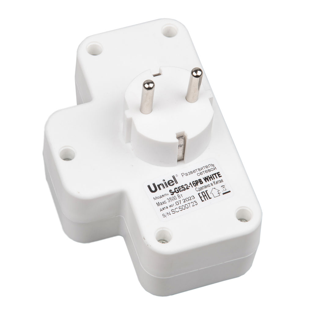 S-GES2-16PB WHITE Разветвитель сетевой с выключателем, с/з. 2 гнезда. 16А, 3500Вт. Белый. ТМ Uniel