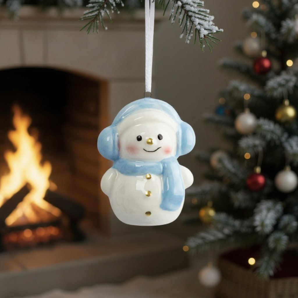 Игрушка елочная, 9 см, керамика, бело-голубая, Снеговик в наушниках и шарфе, Snowman - Anna lafarg фото 7