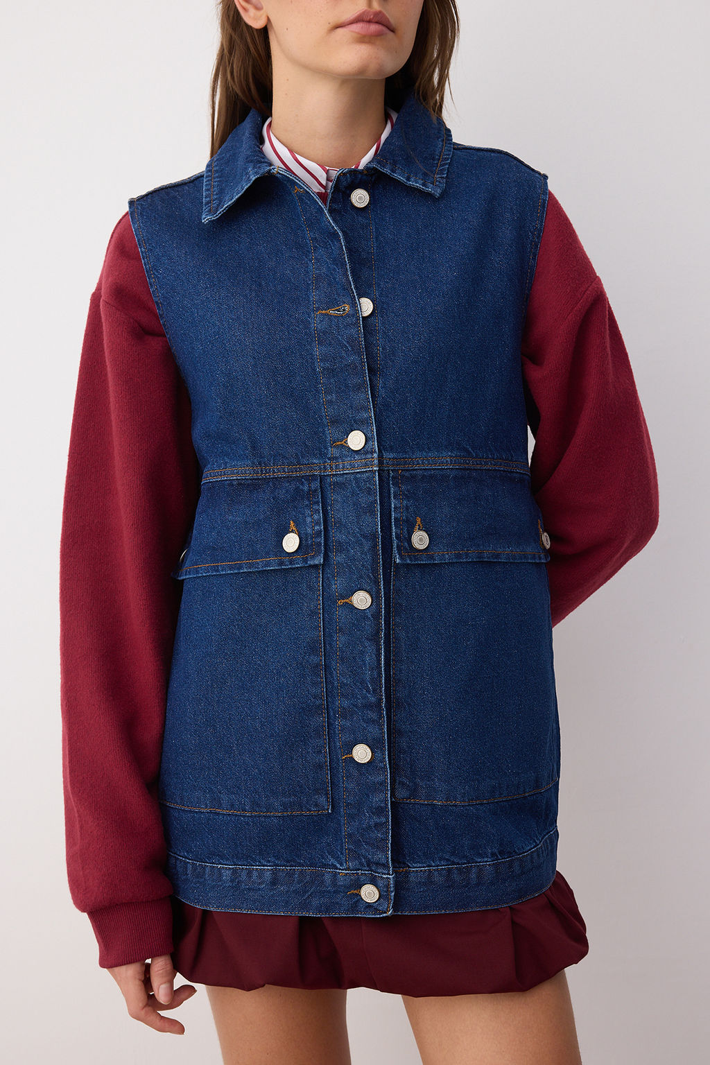 Koyu Mavi Gomlek Yaka Cep Detayl? %100 Pamuk Denim Yelek Ceket TCTAW22CK0006