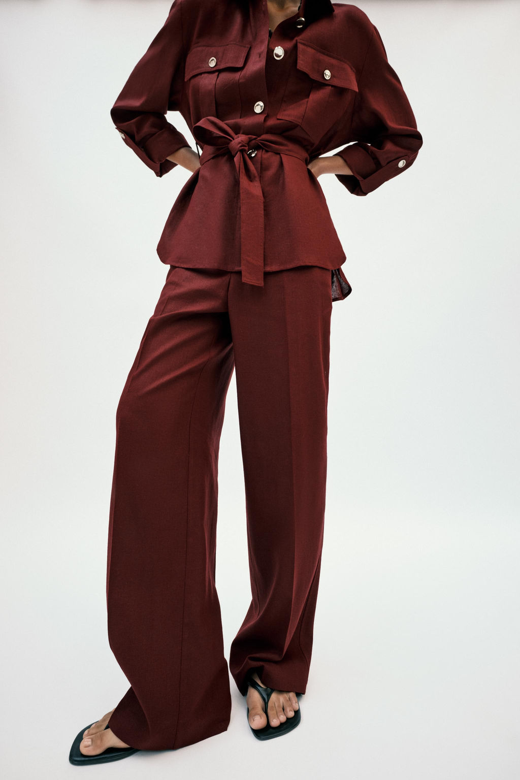 PANTAL?N RECTO CON LINO / Burgundy - Zara фото 8
