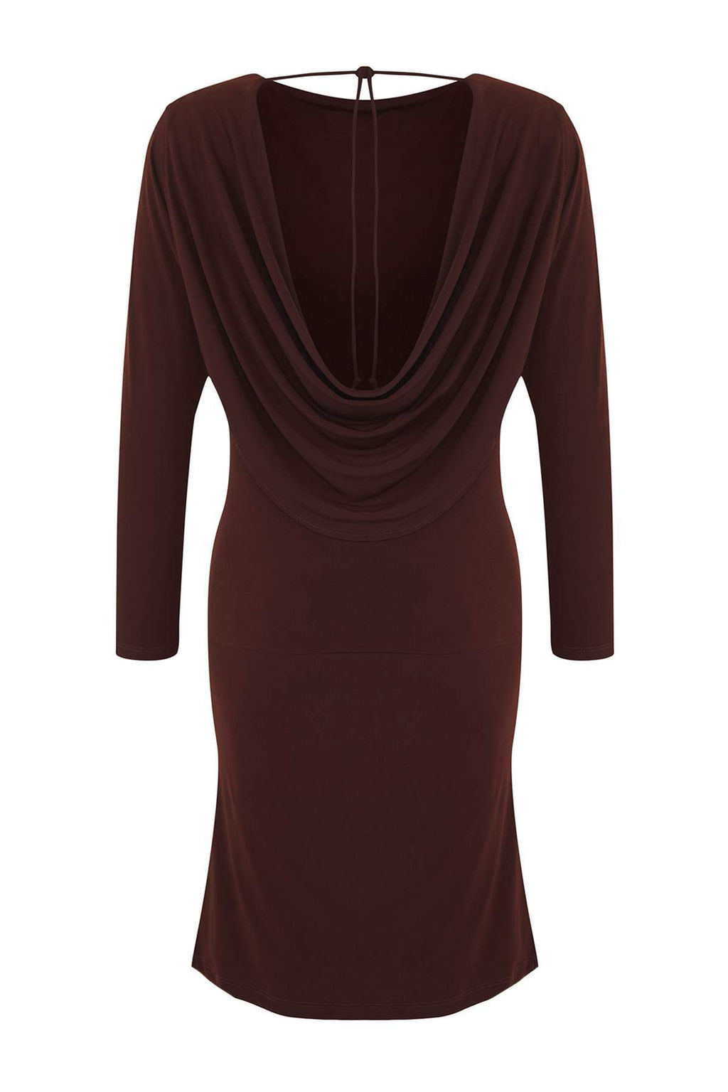 Limited Edition Kahverengi S?rt Dekolteli Mini Bodycon Uzun Kollu Esnek Orme Elbise TWOAW26EL00124