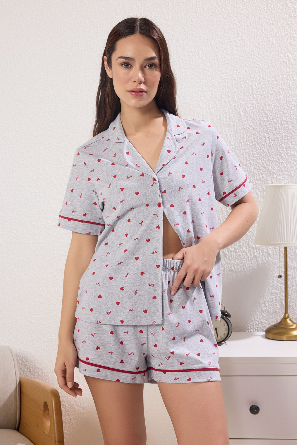 Trendyolmilla Gri Melanj %100 Pamuklu Kalpli ve Sloganl? Sortlu Orme Pijama Tak?m? THMSS25PT00405  фото 2