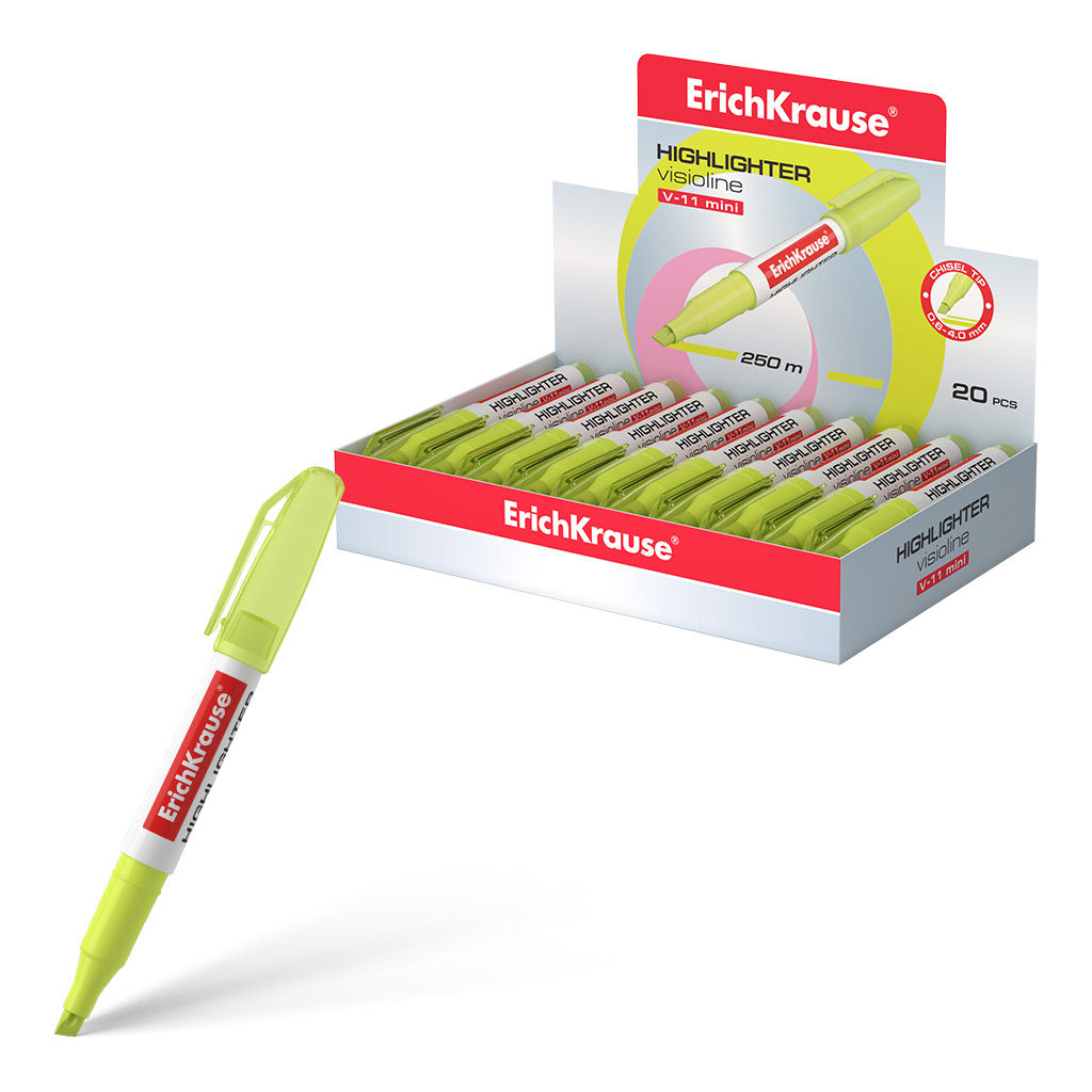 АКЦИЯ Цена за 20 шт. Текстмаркер ErichKrause Visioline V-11 Mini Neon, цвет чернил желтый (в коробке-дисплее по 20 шт.)