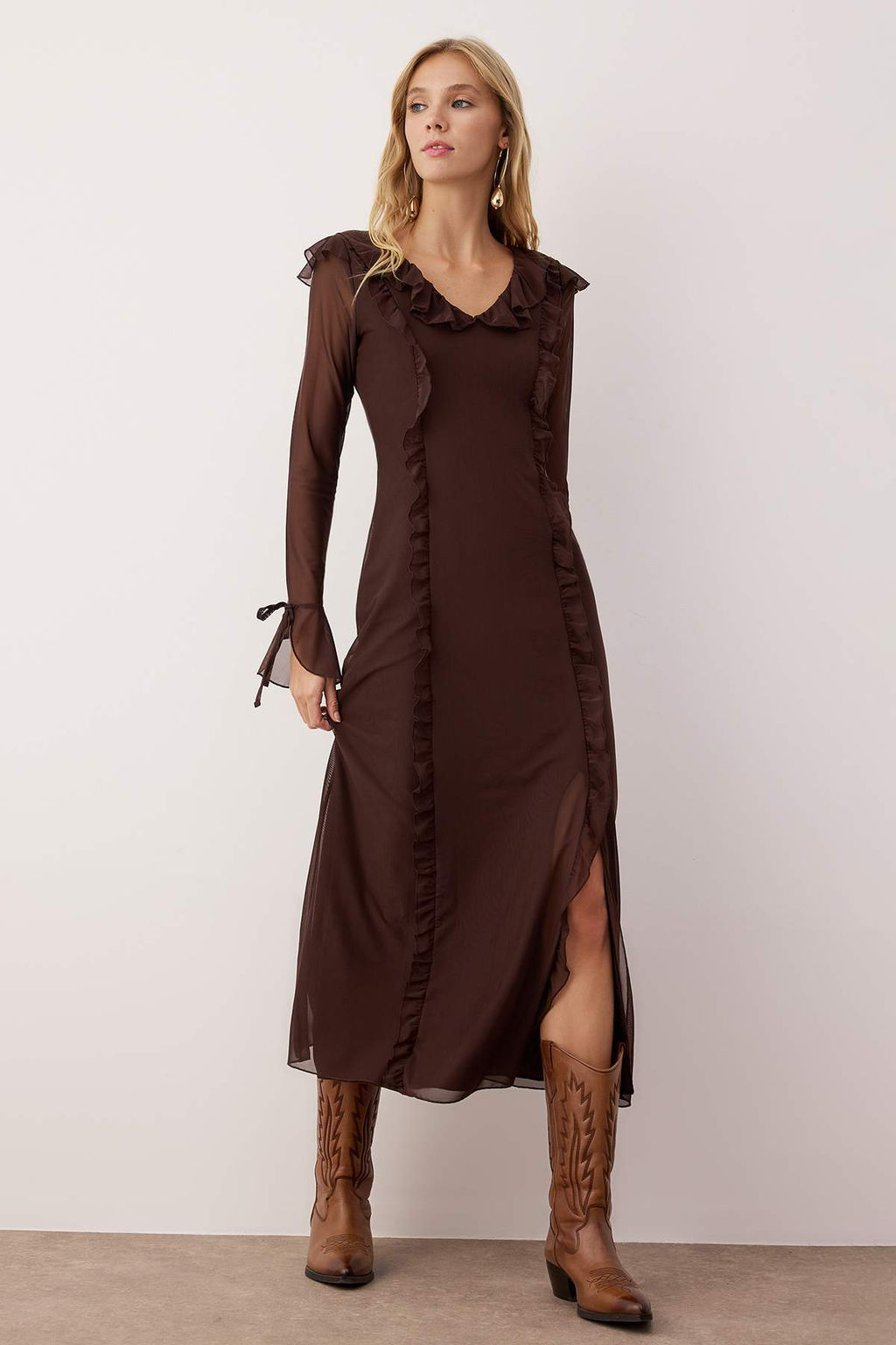 Kahverengi Duz F?rf?rl? Maxi Orme Elbise TWOAW26EL00060 - Trendyolmilla фото 2