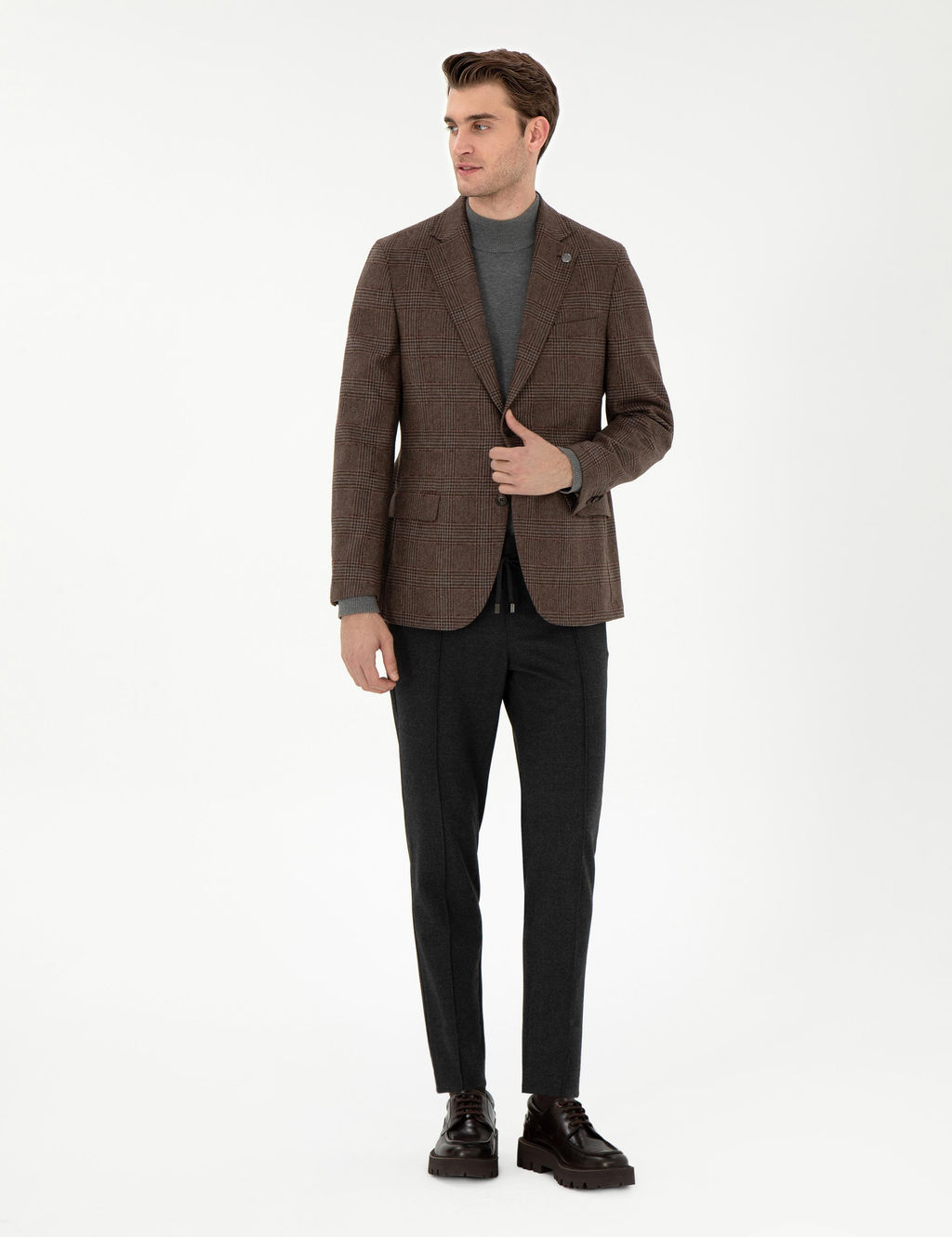 Kahverengi Y_n Kar___ml_ Slim Fit Ceket
