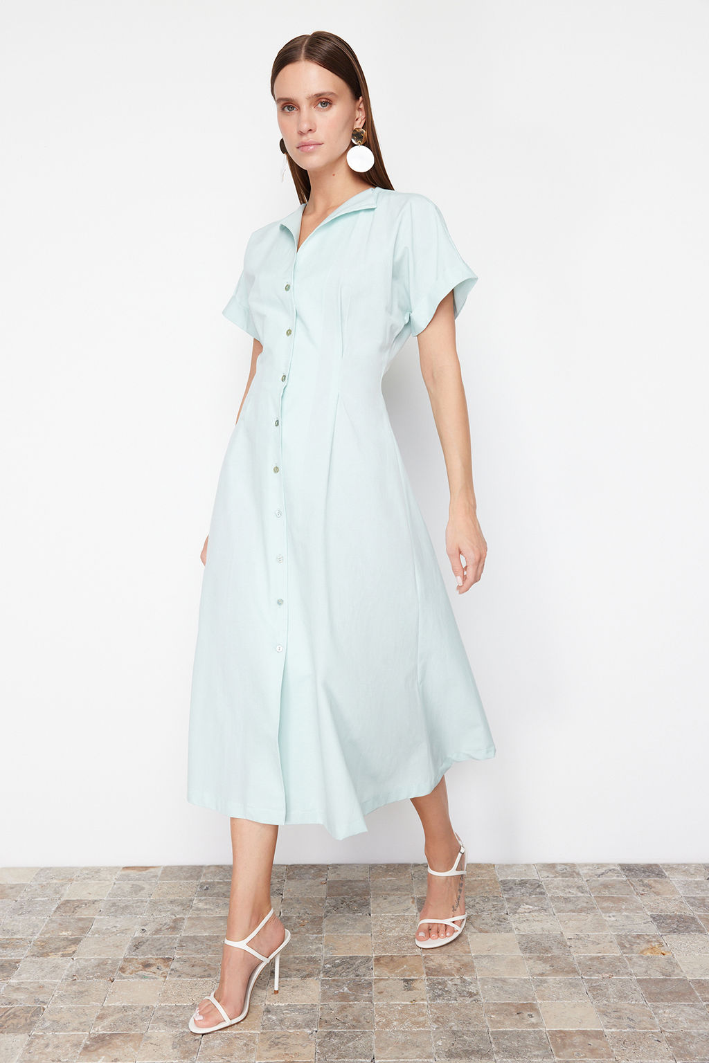 TRENDYOLMILLA Siyah Belden Ac?lan Midi Dokuma Gomlek Elbise TWOSS24EL00052  фото 8