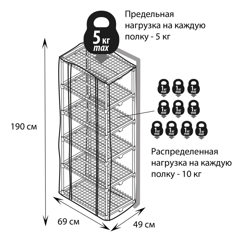 UGH-R30 H190 WHITE/WHITE Парник-стеллаж для рассады, 5 полок, 70x50x190см. Металлическая труба в ПВХ, цвет белый. Тент из армированного полиэтилена 135г/м2, цвет сетки белый. TM ФитоЛето
