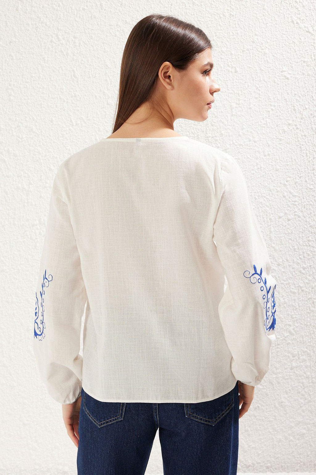 Beyaz Nak?s Detayl? Flaml? Kumas Regular Normal Kal?p Dokuma Gomlek TWOSS25GO00048 - Trendyolmilla фото 6