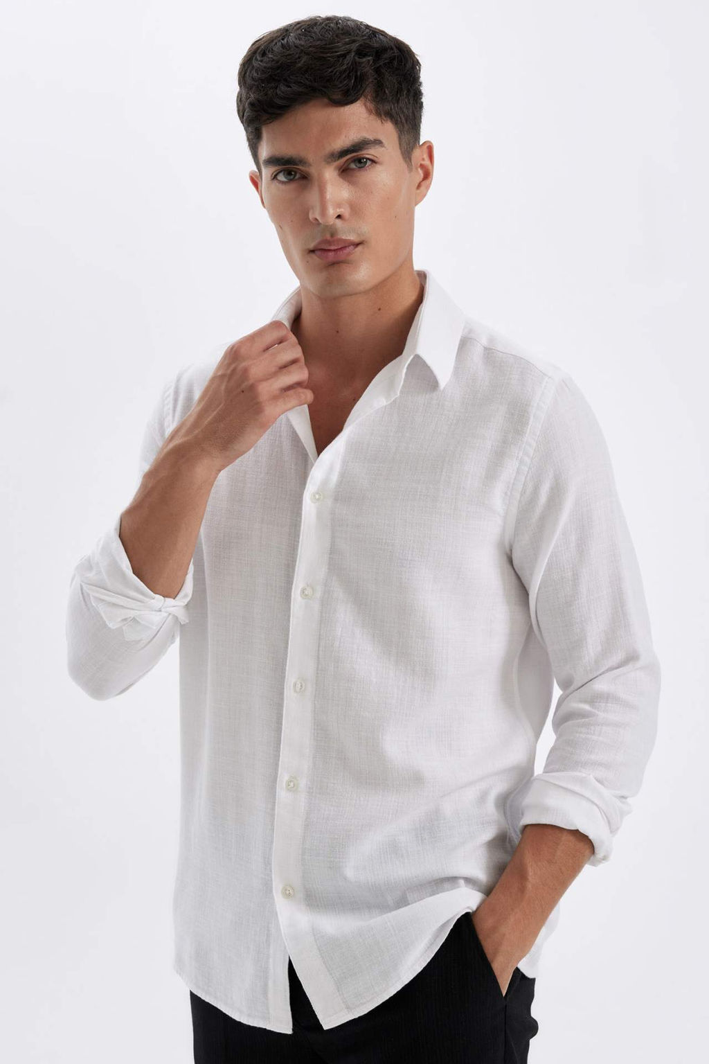Siyah Modern Fit Modern Kesim Polo Yaka Duz Pamuklu Uzun Kollu Gomlek - Defacto фото 2