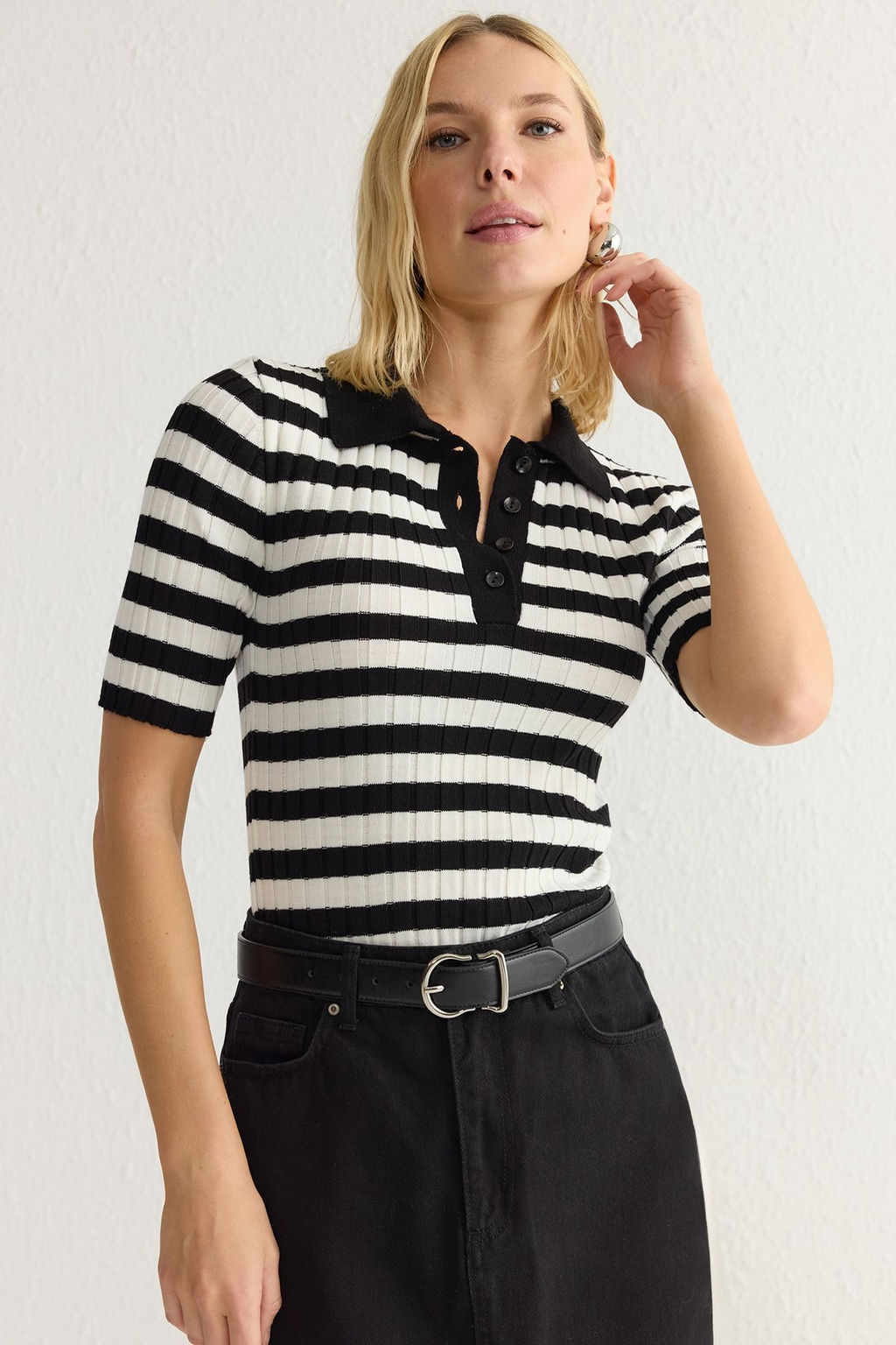 Siyah*001 Basic Polo Yaka T-Shirt Gorunumlu Ince Bluz TWOSS20BZ0112