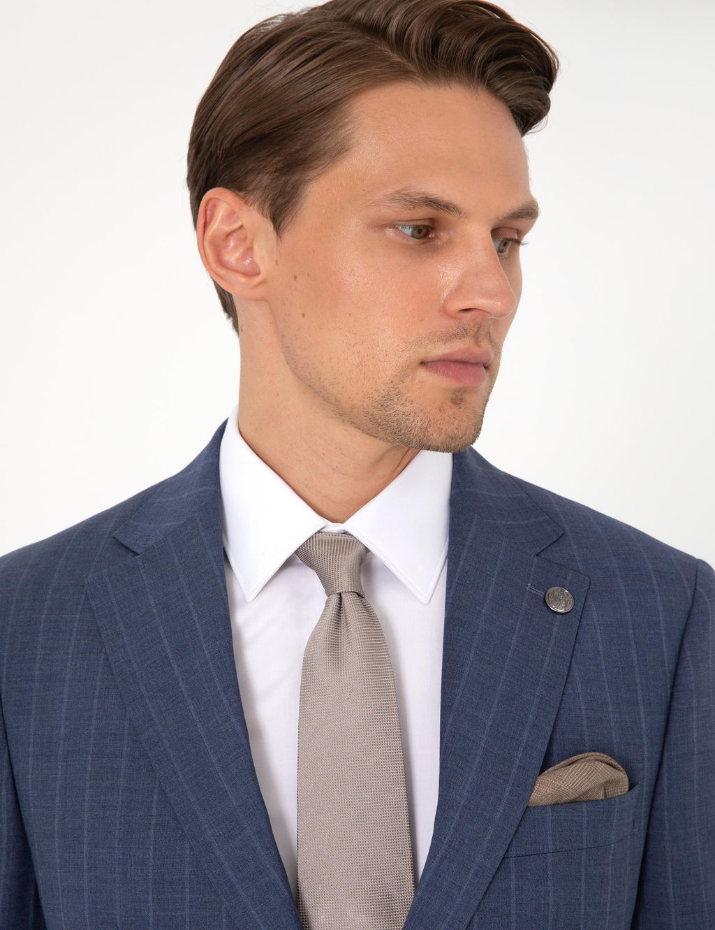 Koyu Mavi Slim Fit _izgili Y_n Tak_m Elbise
