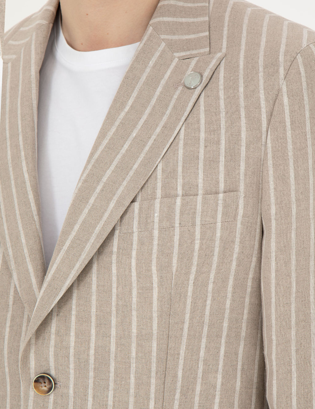 A__k Kahverengi Slim Fit Keten _izgili Ceket