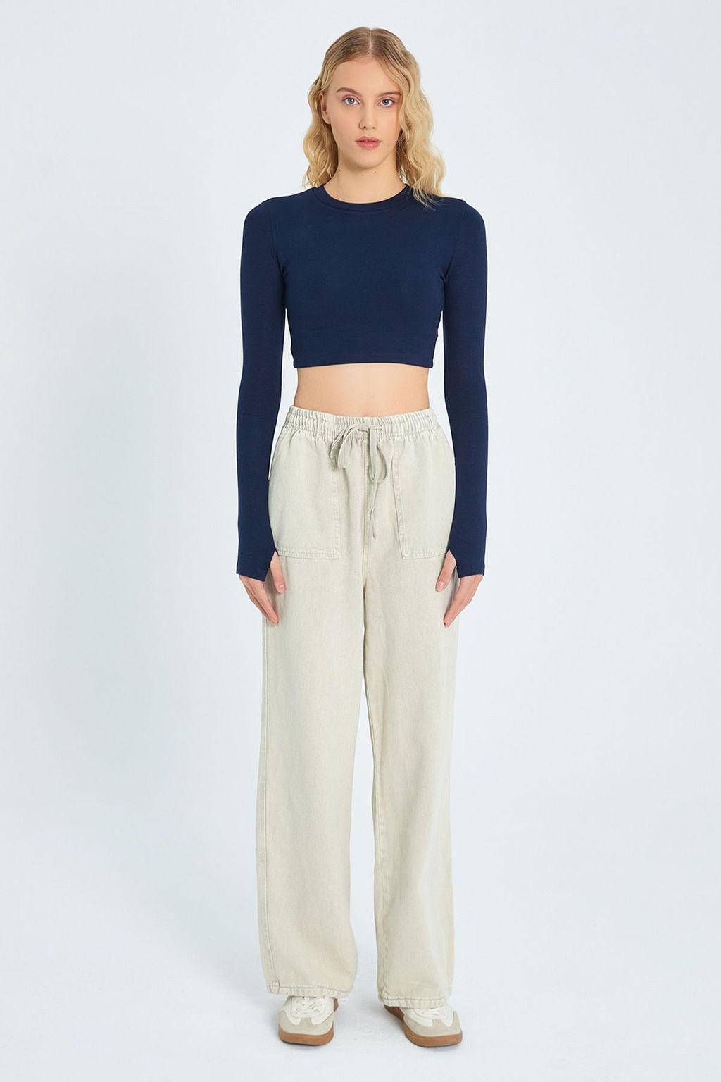 Bej Cep Detayl? Kot Gorunumlu Wide Leg/Genis Paca Dokuma Pantolon TWOSS25PL00076