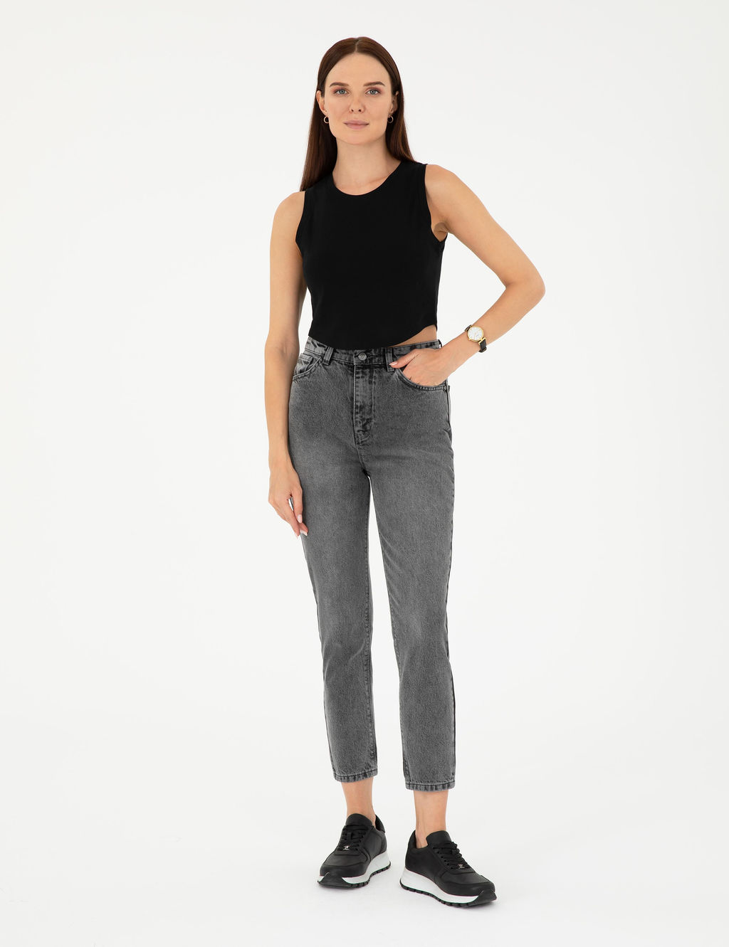 Antrasit Mom High Waist Fit Jean Pantolon