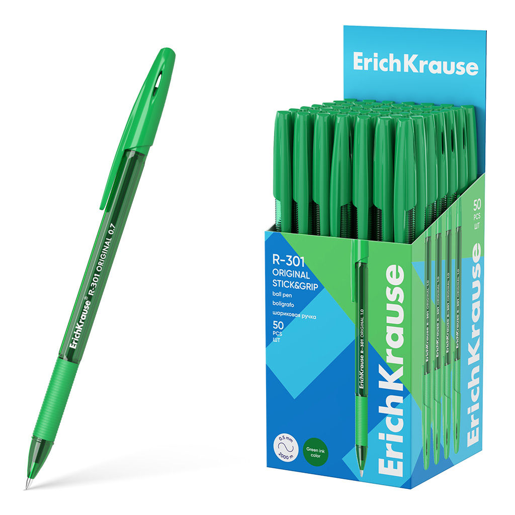 Цена за 50 шт. Ручка шариковая ErichKrause R-301 Stick&Grip Original 1.0, цвет чернил зеленый (в коробке по 50 шт.)