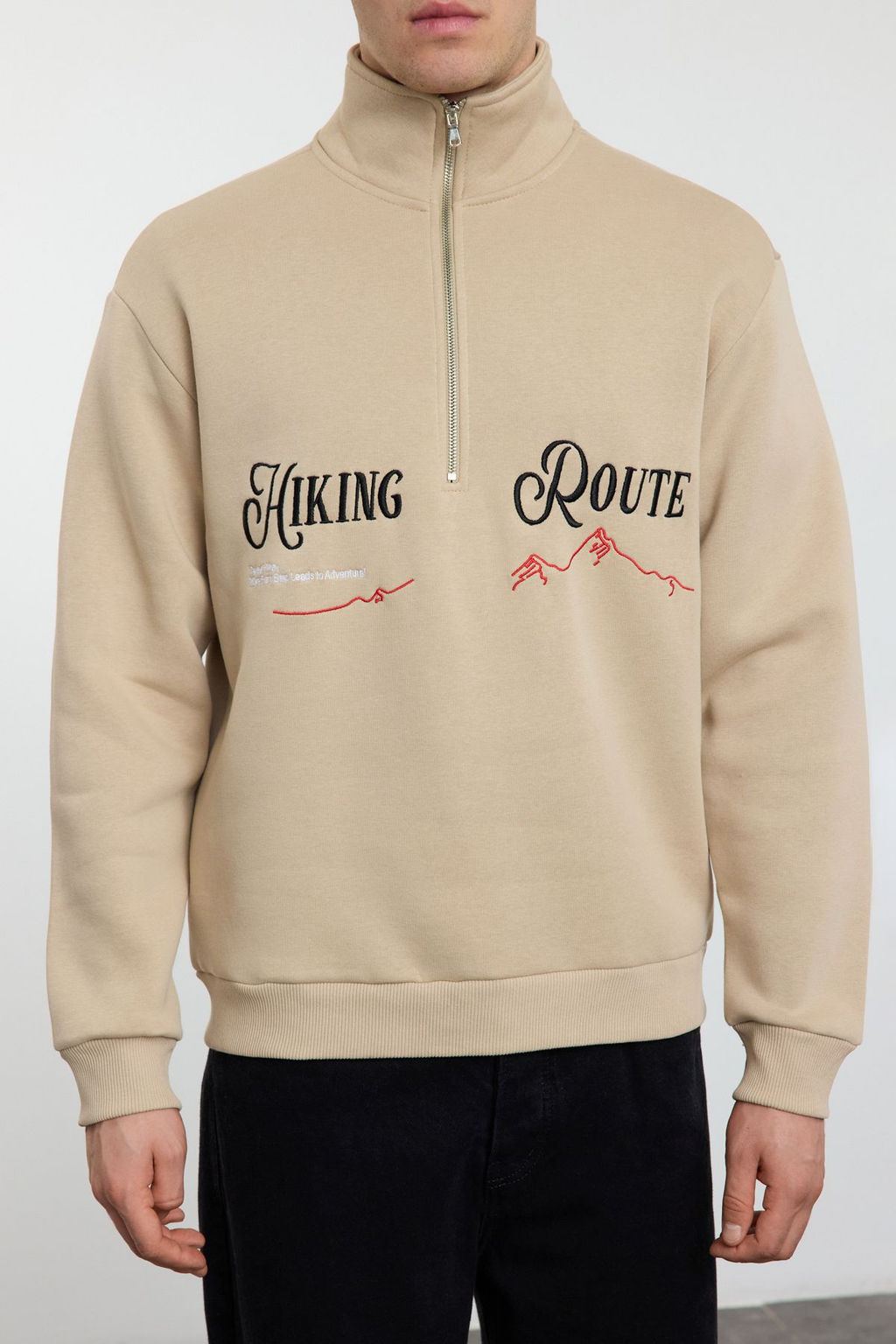 Bej Oversize/Genis Kesim Yaz? Nak?sl? Ici Polarl? Dik Yaka Fermuarl? Sweatshirt TMNAW25SW00073 - Trendyolmilla фото 3