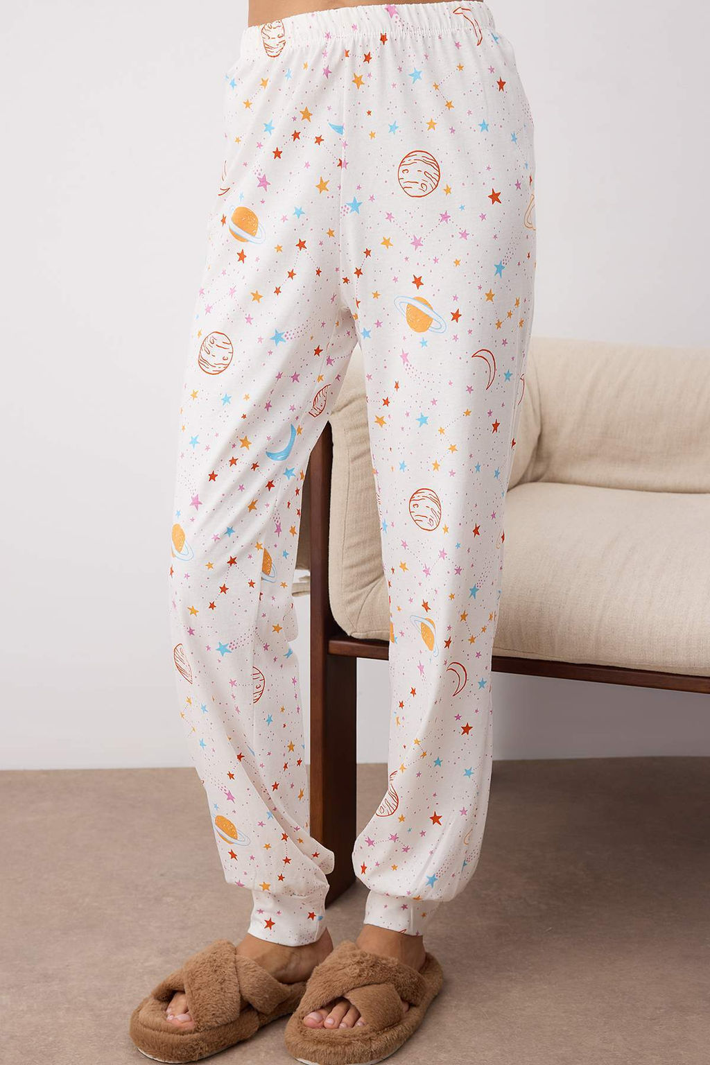 Ekru %100 Pamuklu Galaksi Desenli Orme Pijama Tak?m? THMAW21PT0794