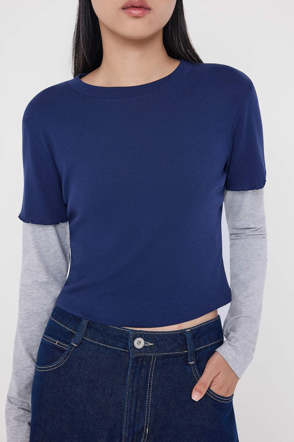 Teen Lacivert Cift Kol Detayl? Fitted/Vucuda Oturan Bisiklet Yaka Orme Bluz TWOAW26BZ00188 - Trendyolmilla фото 3