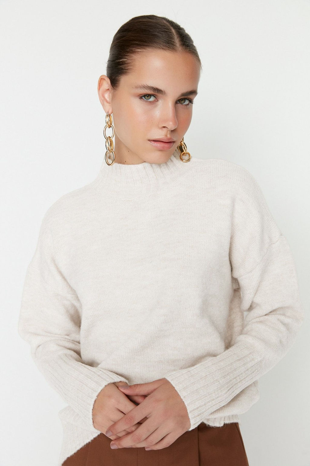 Ekru Genis Kal?p Yumusak Dokulu Basic Triko Kazak TWOAW23KZ00490