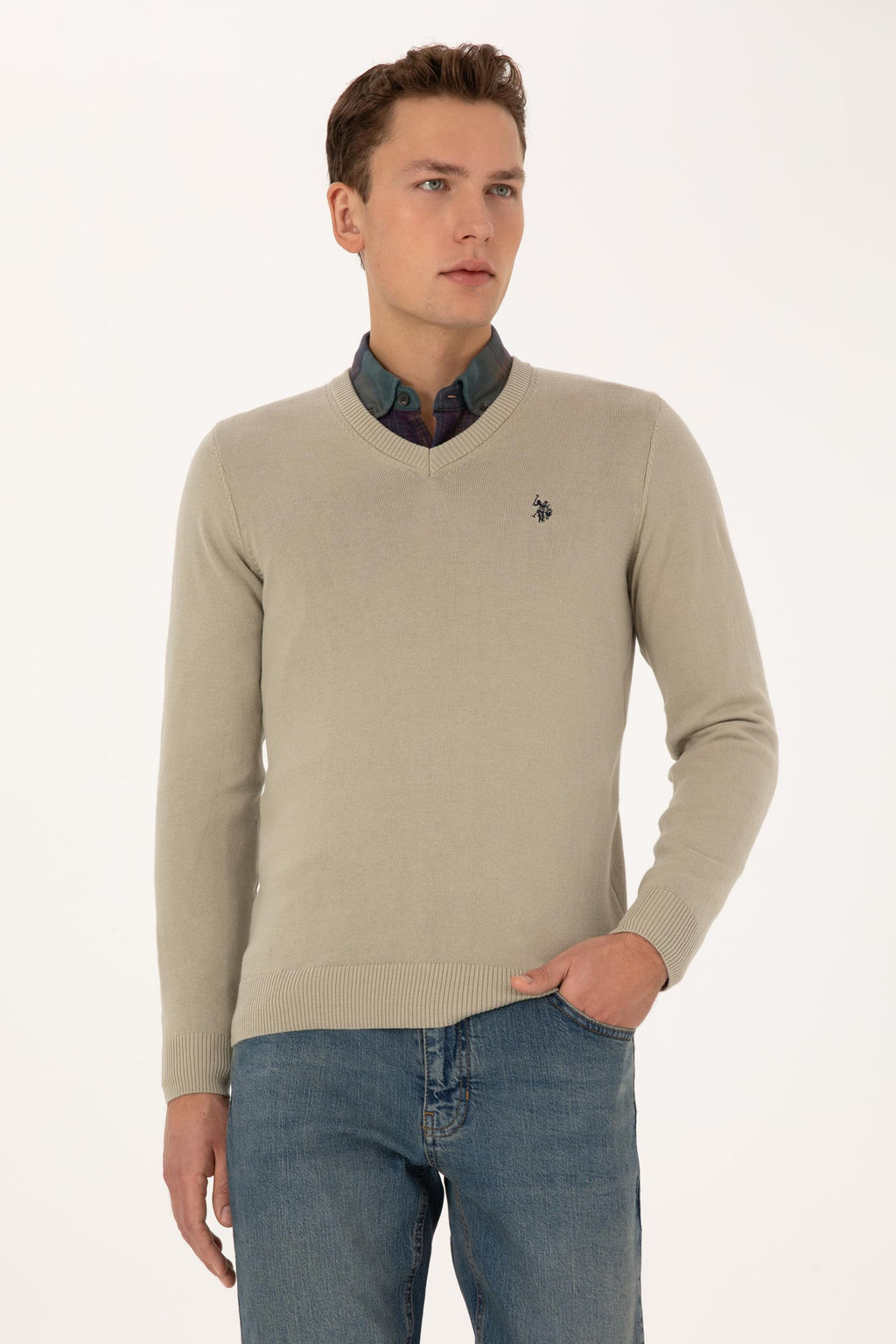 Erkek Slim Fit V Yaka Haki Melanj Basic Triko Kazak - U.s. polo assn фото 3