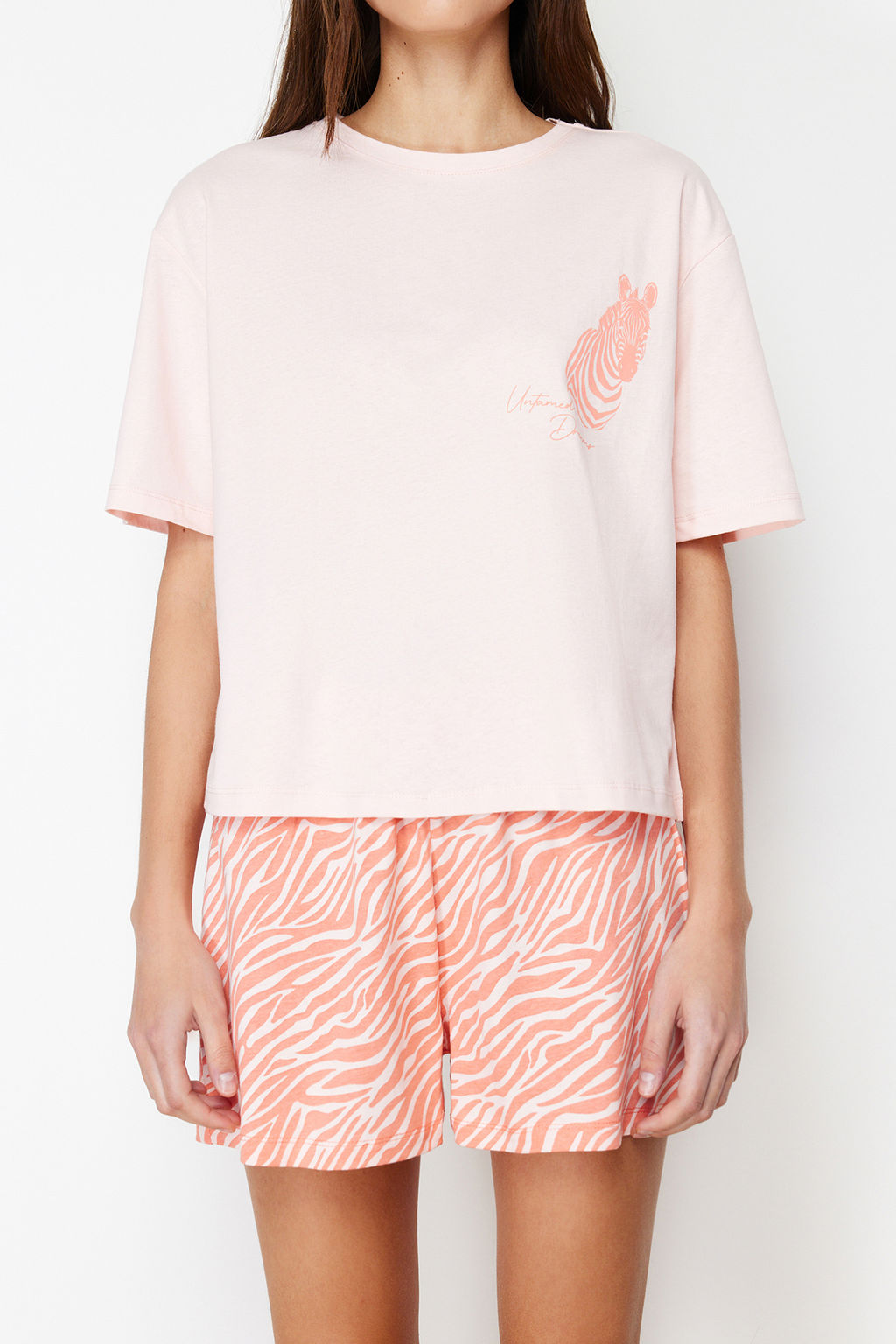 Trendyolmilla Pembe %100 Pamuklu Zebra Bask?l? Sortlu Orme Pijama Tak?m? THMSS24PT00042  фото 4