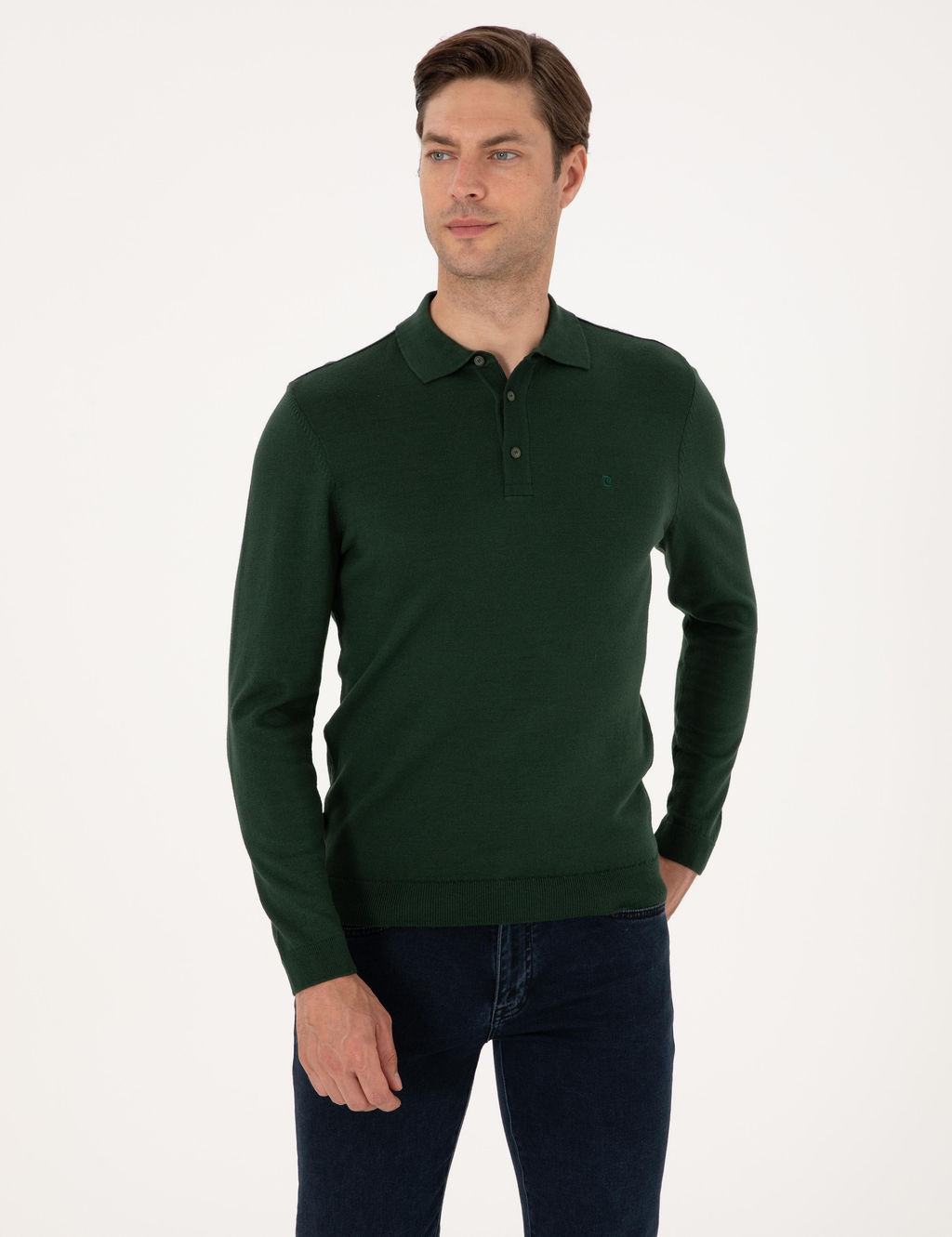 Koyu Ye_il Slim Fit Polo Yaka Basic Triko Kazak