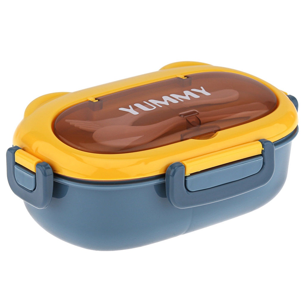 Ланч-бокс для продуктов пластмассовый Вкусно 20х12см h6,3см, 2 отделения 1л, с ложкой 14,3см, с вилкой 14,3см, с клипсами, с пароотводом, с уплотнителем, цвета в ассортименте: серо-бежевый, зеленый, сине-желтый, розово-карамельный, в п/эт пакете (К