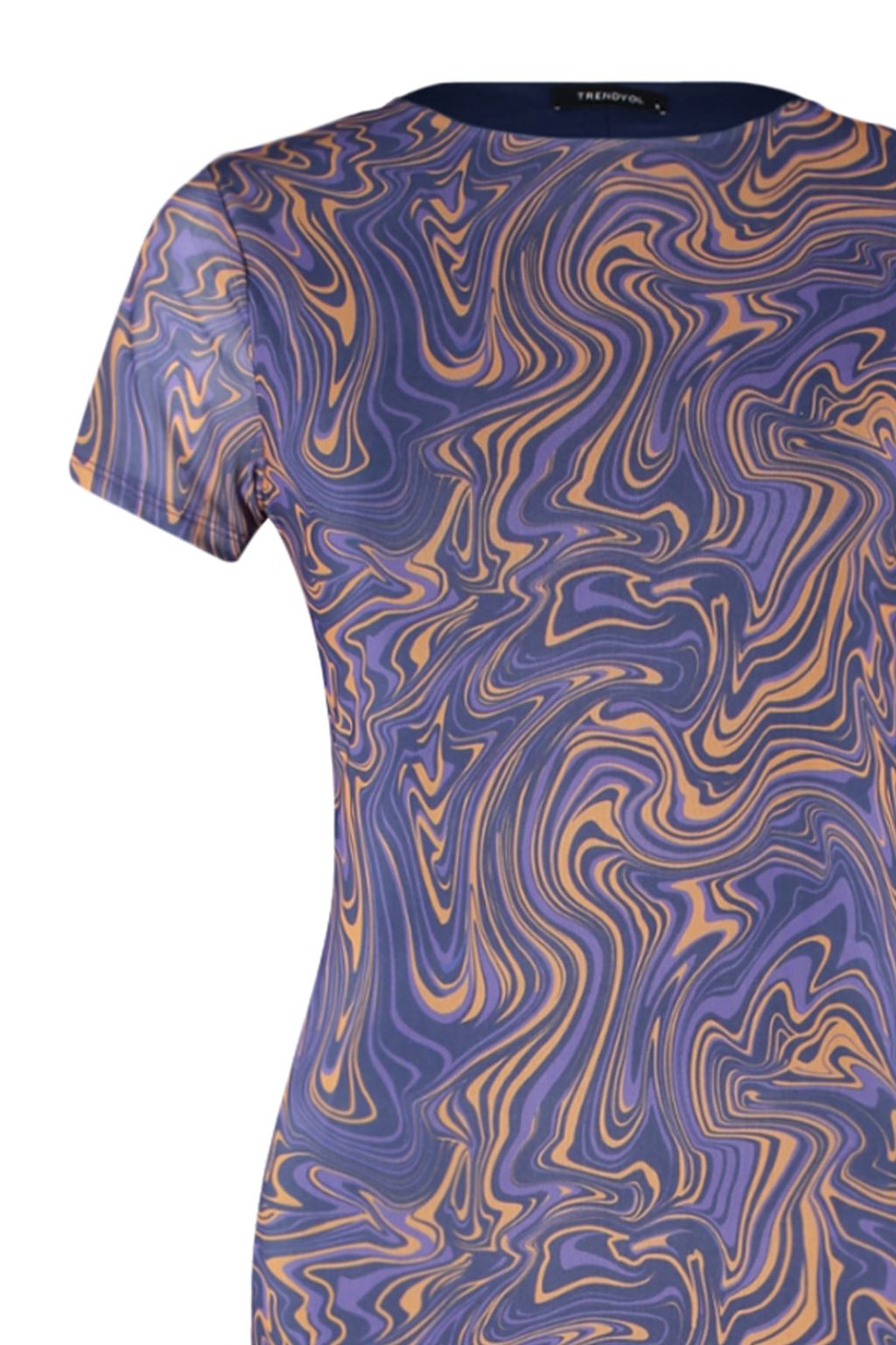 Mavi Bask?l? K?sa Kol Bisiklet Yaka Vucuda Oturan Esnek Midi Tul Kalem Elbise TWOSS23EL01791