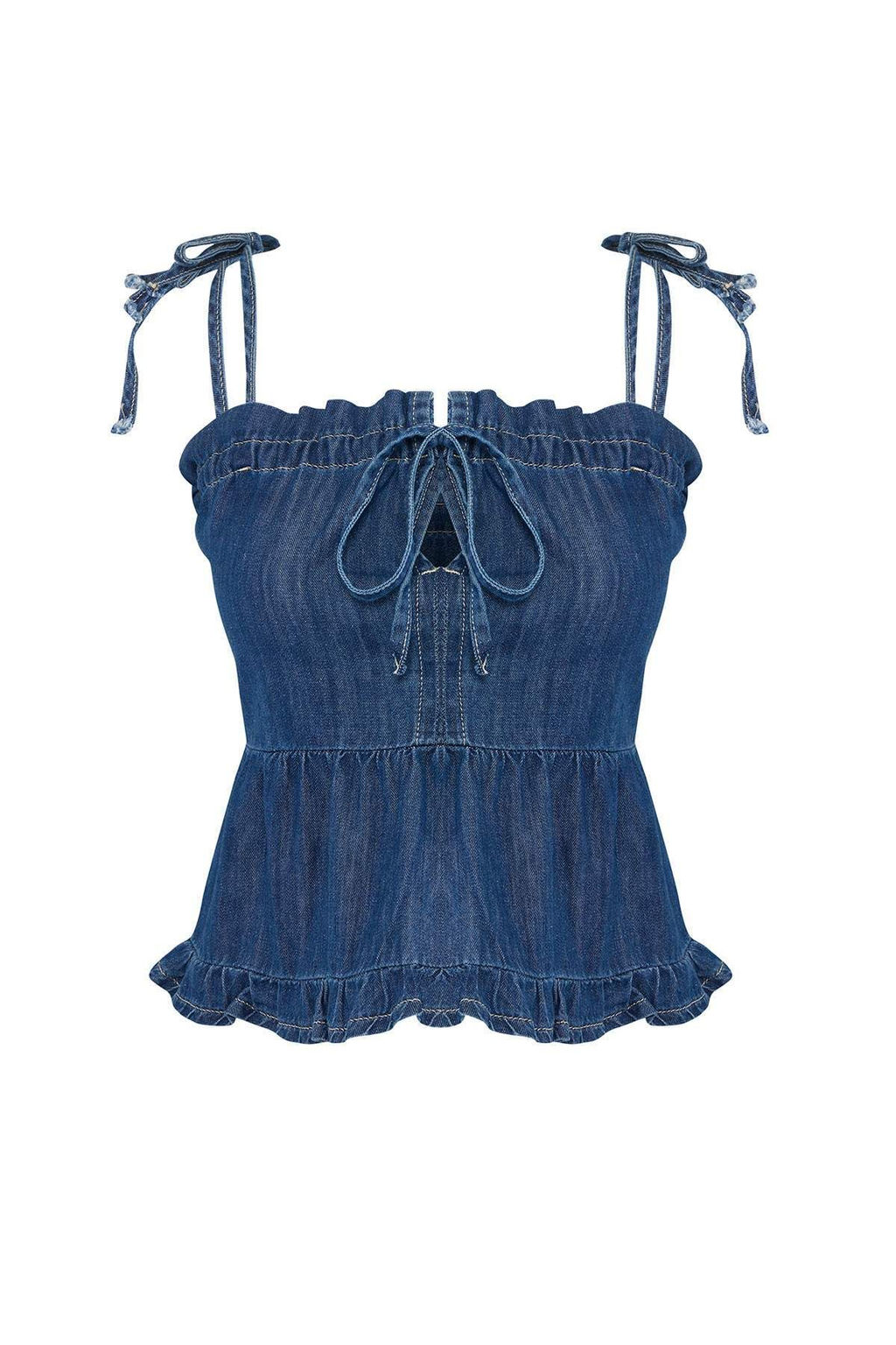 Mavi Omuzdan Baglamal? Etek Ucu F?f?rl? Denim Bluz TWOSS25BZ00434