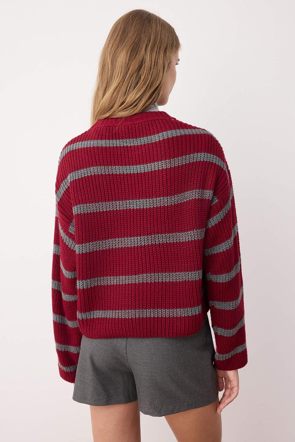 Bordo Crop Basic Genis Kal?p Cizgili Triko Kazak TWOAW23KZ00390