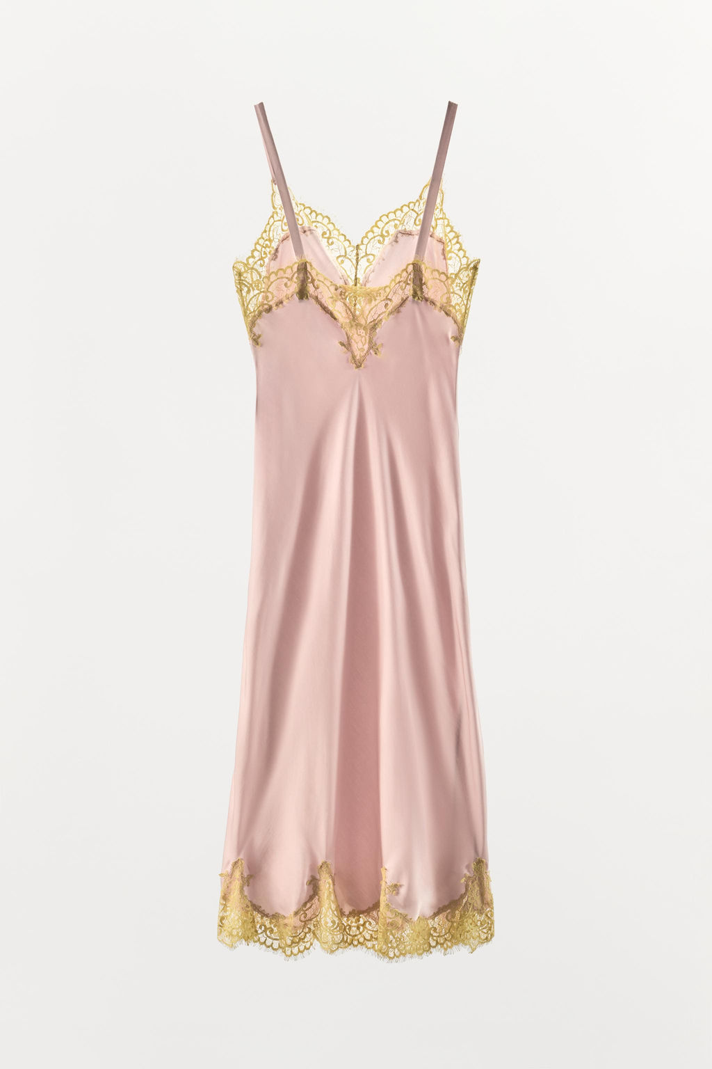 VESTIDO MIDI SATINADO ENCAJE / Rosa