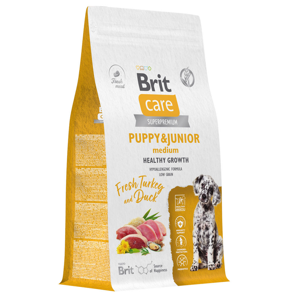 BRIT CARE, Сухой корм с инд и уткой д/щенк.ср.пор."Dog Puppy&Junior M Healthy Growth",1.5кг,5066285