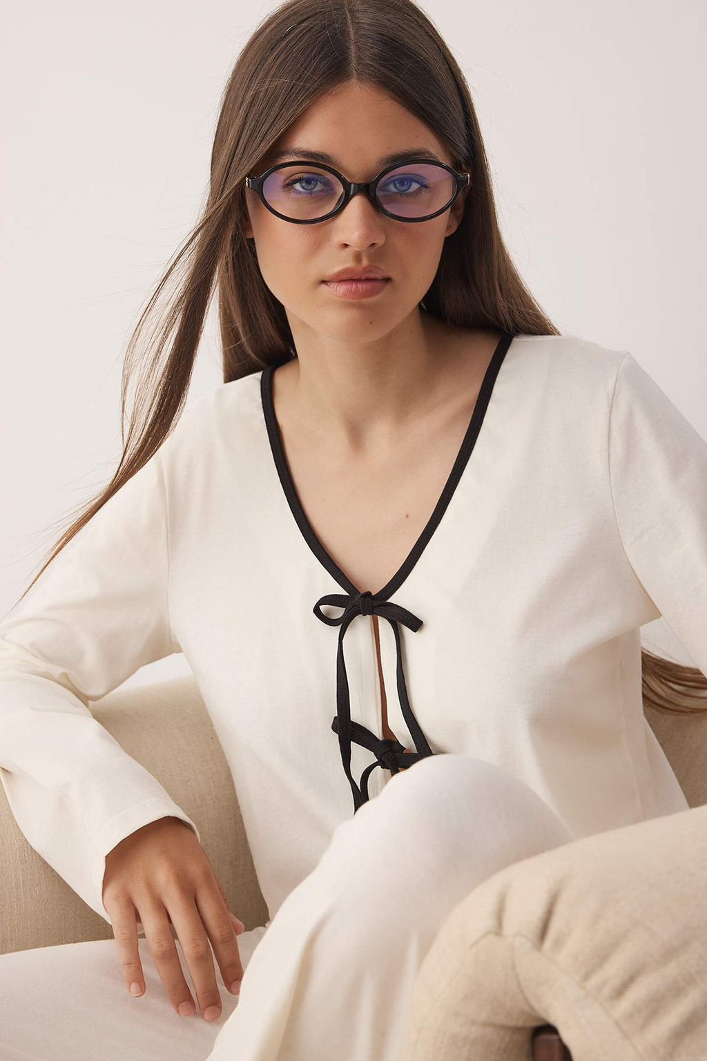 Ekru %100 Pamuklu Fiyonklu/Baglamal? Orme Pijama Tak?m? THMAW26PT00009 - Trendyolmilla фото 2