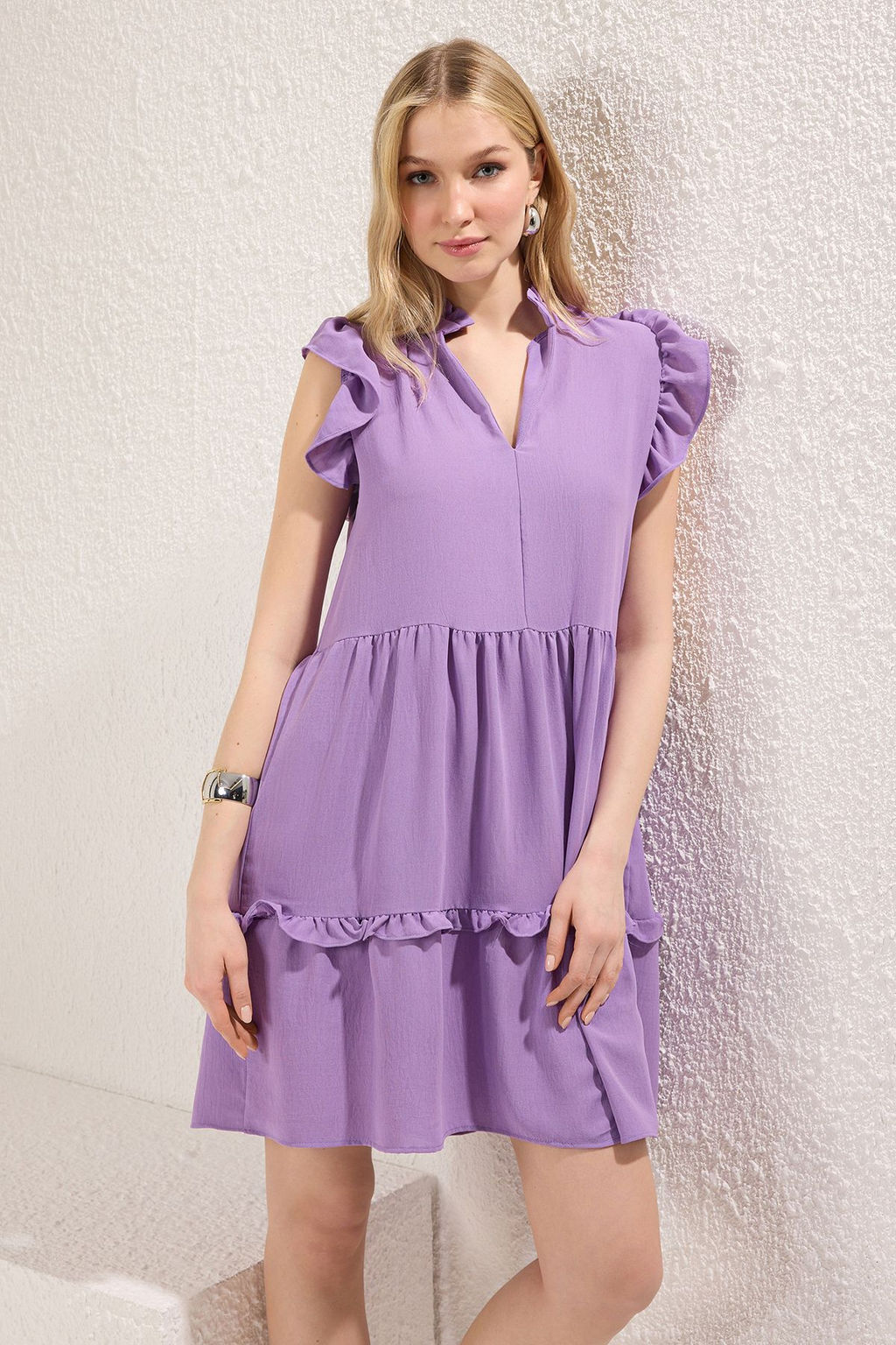 Lila Duz Rahat Kesim Volanl? / F?rf?rl? Mini Dokuma Elbise TWOSS25EL00427