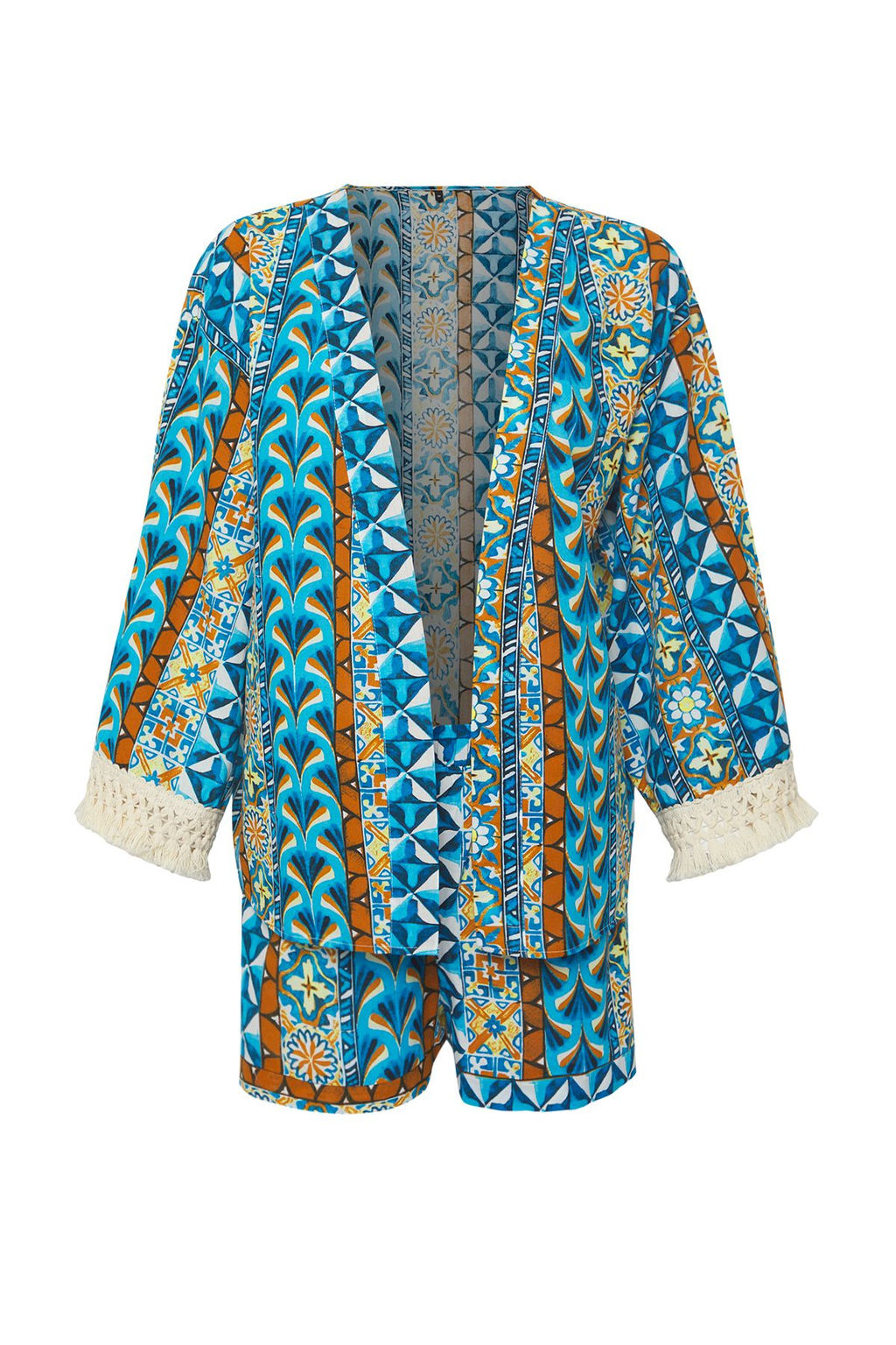 Etnik Desenli Dokuma Puskul Yuksek Bel %100 Pamuk Plaj Mini Kimono-Sort Tak?m TBESS25AU00017 - Trendyolmilla фото 6
