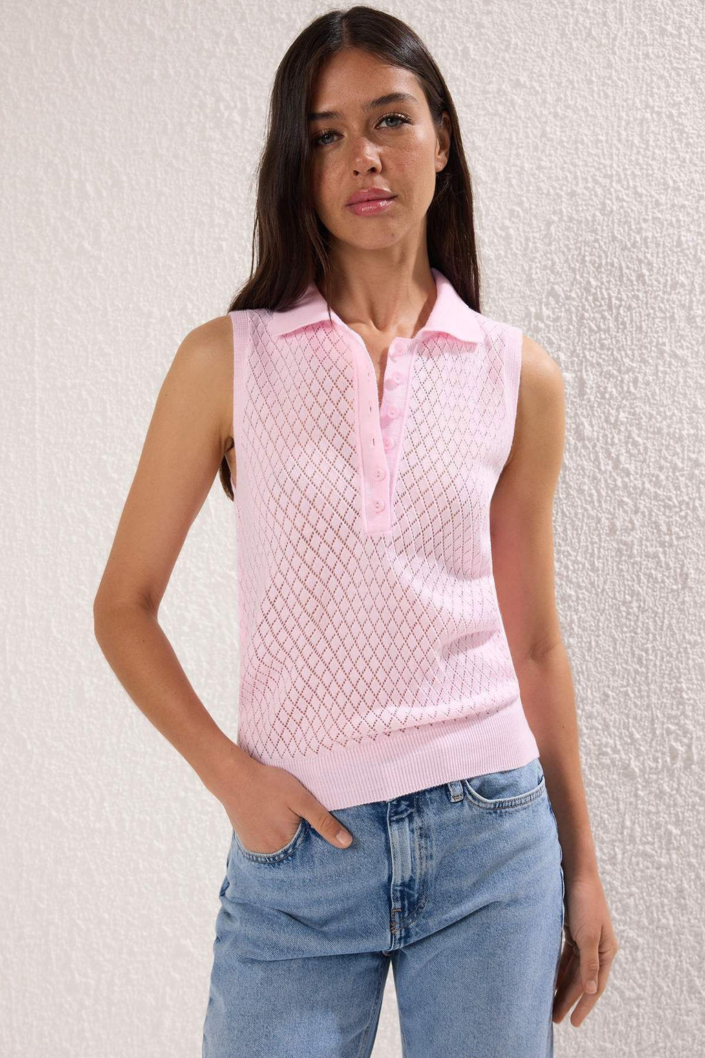 Pembe Viral Delikli/Ajurlu Yazl?k Polo Yaka Triko Bluz TWOSS25BZ00576