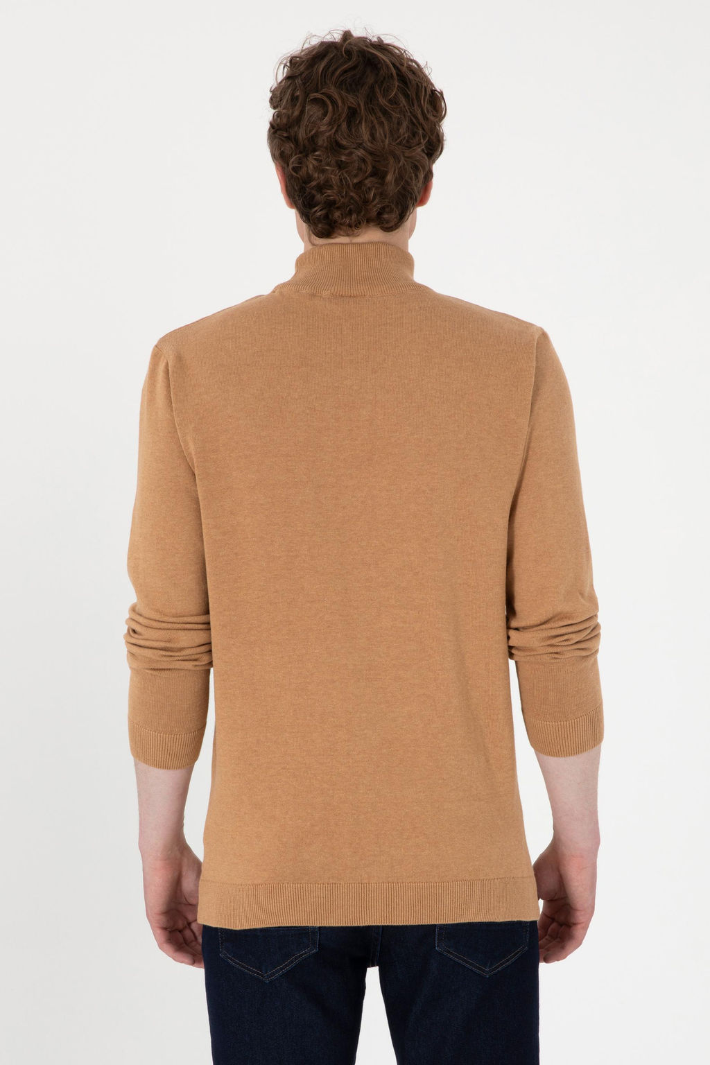 Erkek Slim Fit Yar_m Bal_k__ Yaka Camel Melanj Basic Kazak - U.s. polo assn фото 5